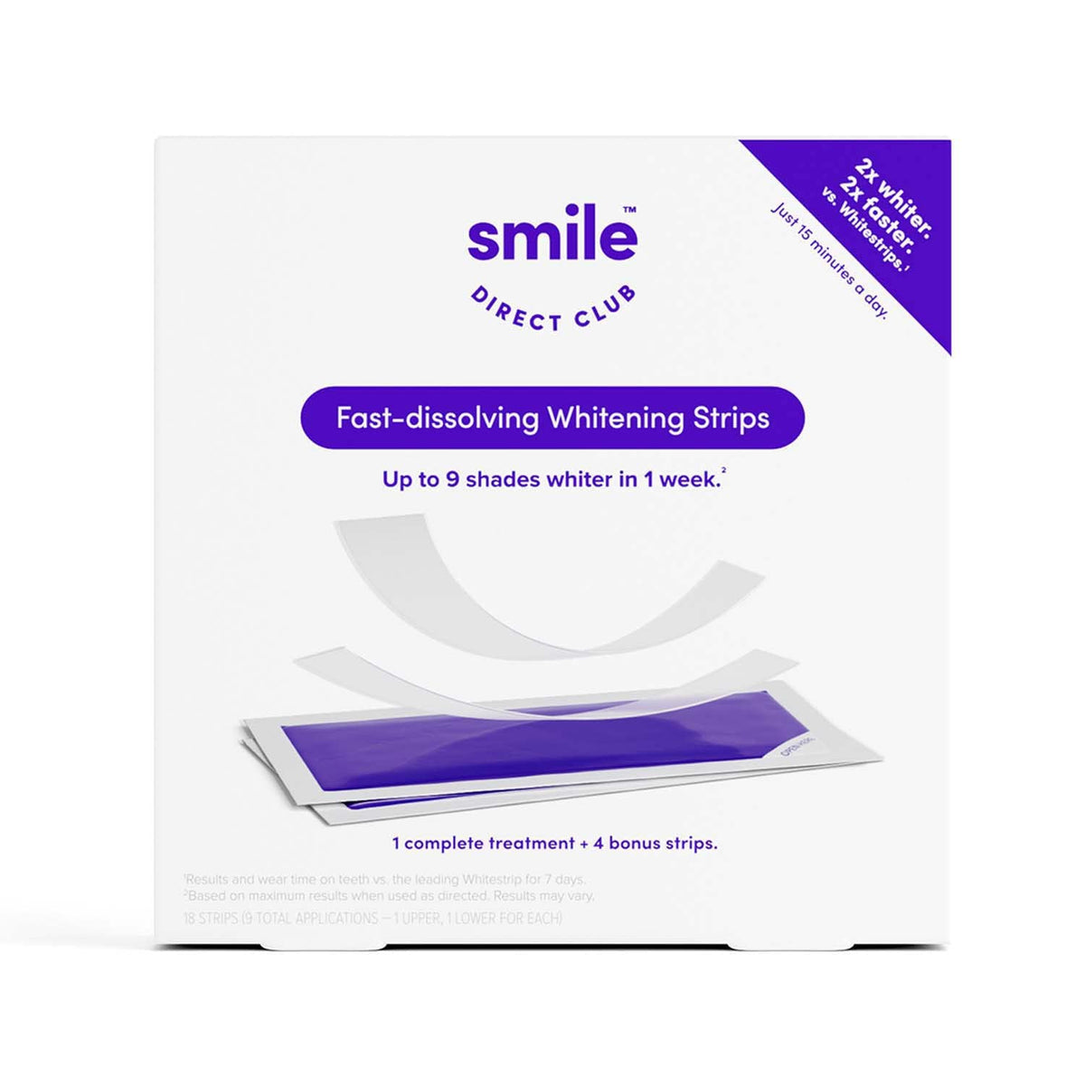 SmileDirectClub empaque con 18 tiras blanqueadoras para uso diario
