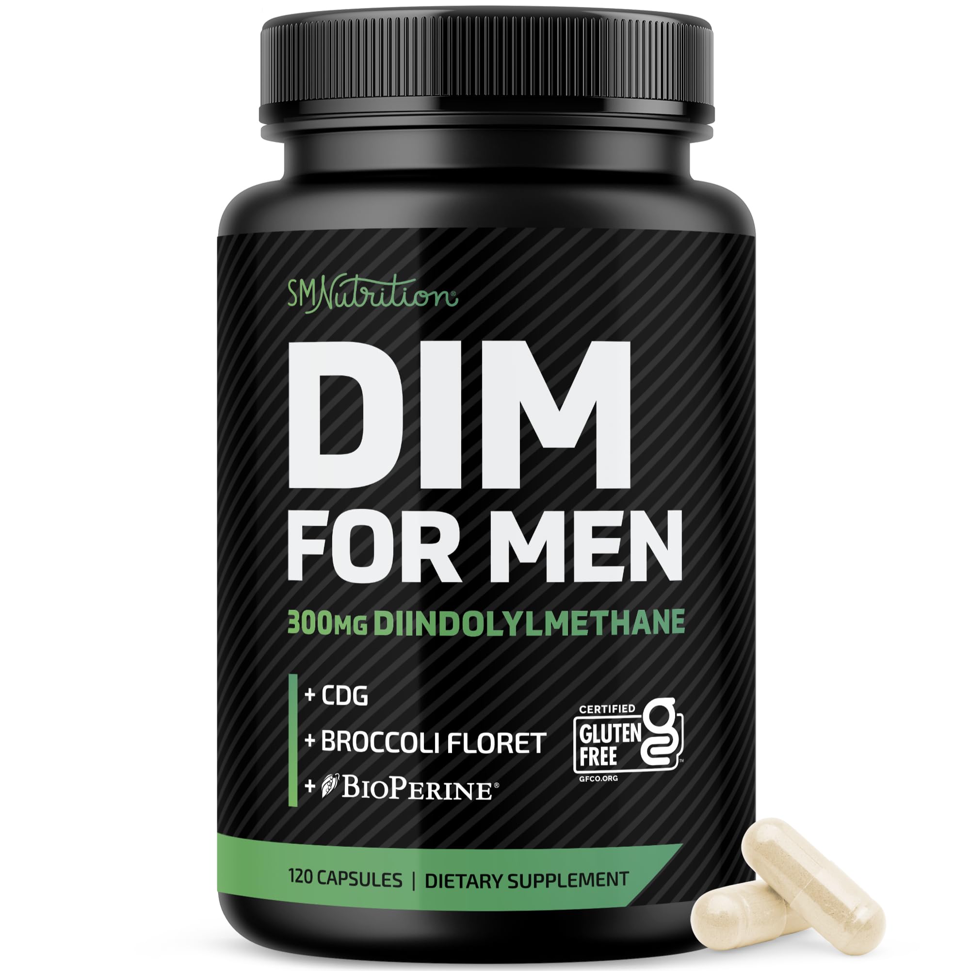 SMNutrition DIM 300 mg — botella visible, apoyo al equilibrio hormonal masculino.
