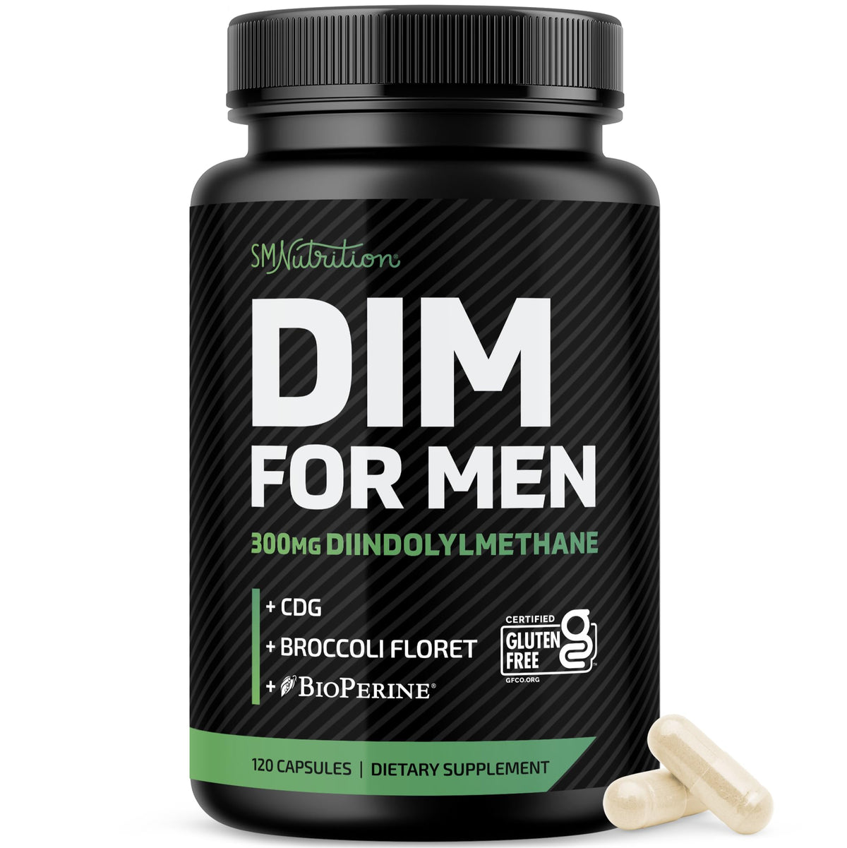 SMNutrition DIM 300 mg — botella visible, apoyo al equilibrio hormonal masculino.