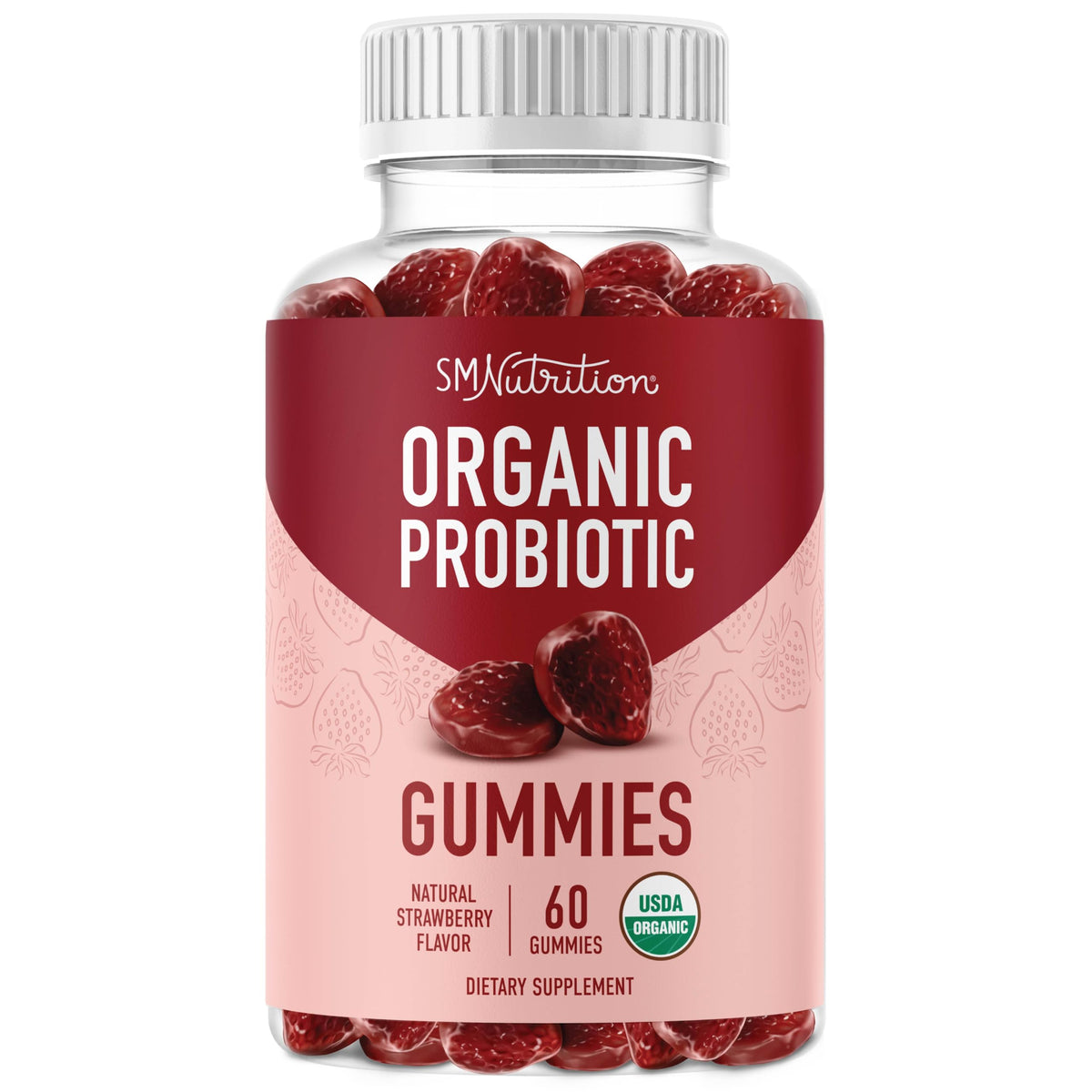 Gomitas probióticas orgánicas SMNutrition con sabor a fresa para apoyo diario de la salud digestiva.