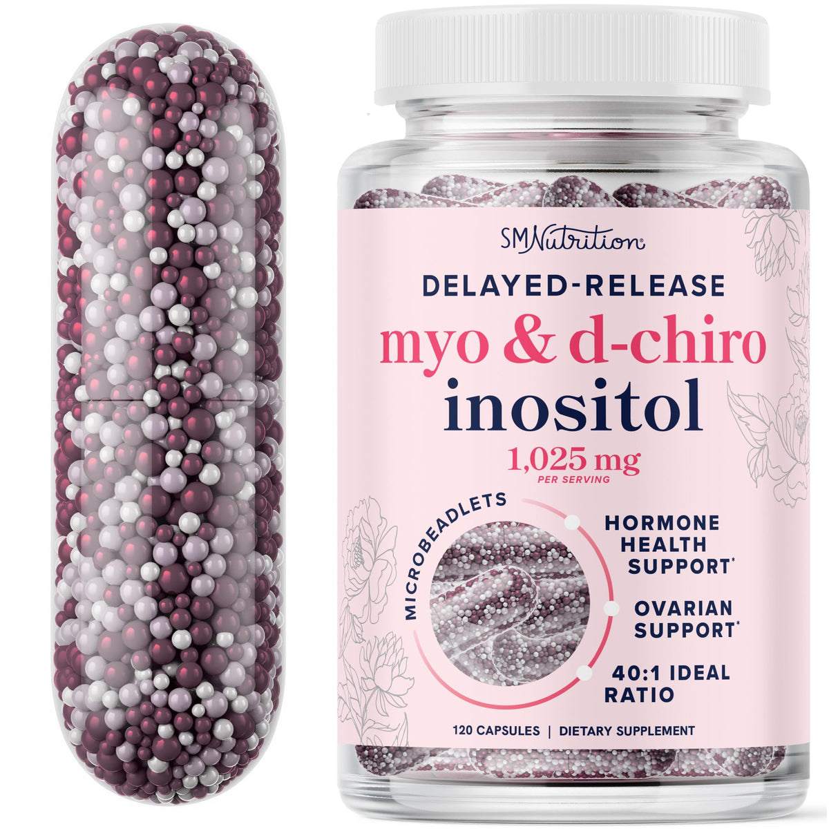 Botella-vertida SMNutrition con Myo-Inositol y D-Chiro Inositol, equilibrio hormonal.