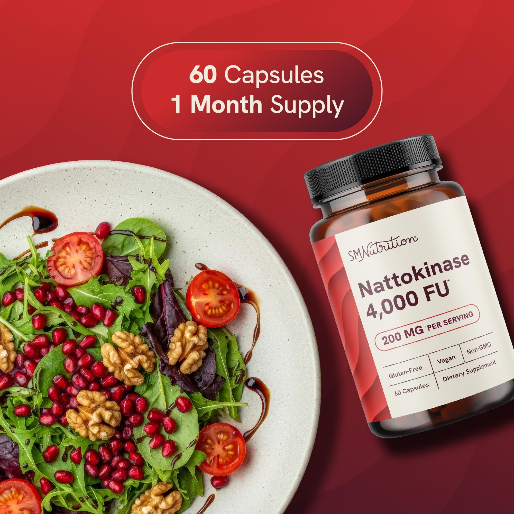 Frasco nattokinase SMNutrition con 60 cápsulas, ideal para un mes.