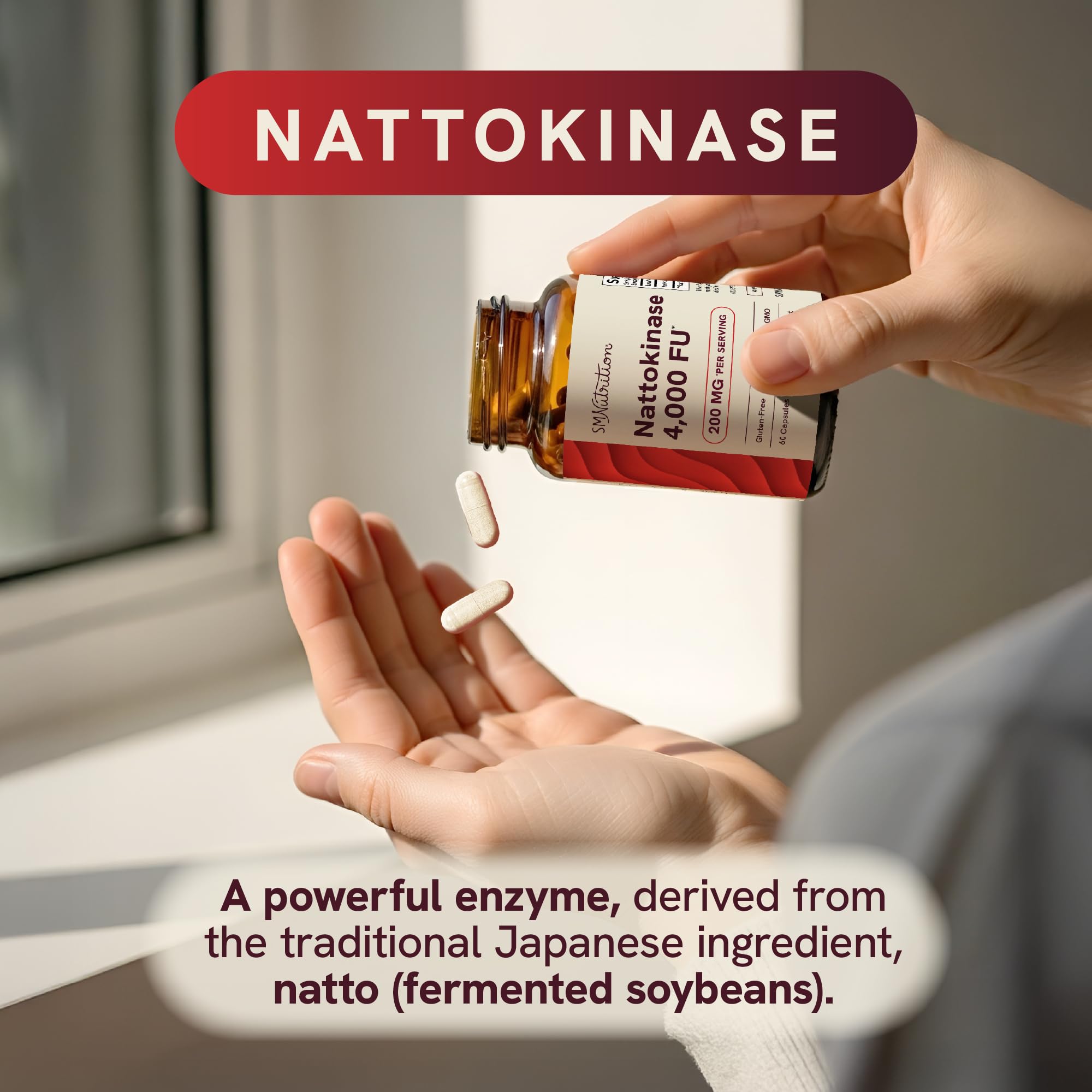 Sello vegan y no-GMO en etiqueta SMNutrition nattokinase.