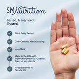 SMNutrition PQQ frasco visto de frente, posible impulso a la biogénesis mitocondrial.