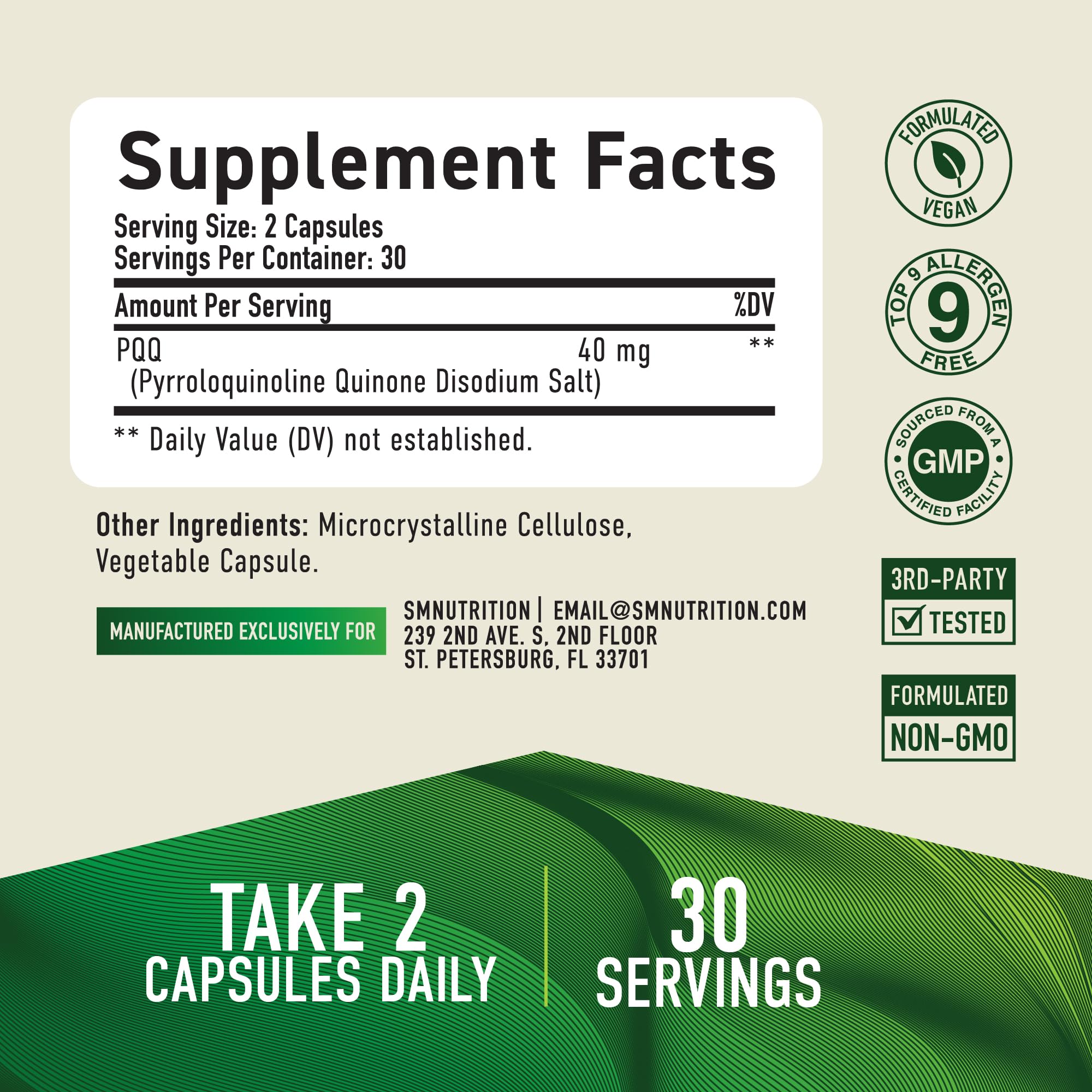 SMNutrition PQQ caja de empaque, información clave para la compra.