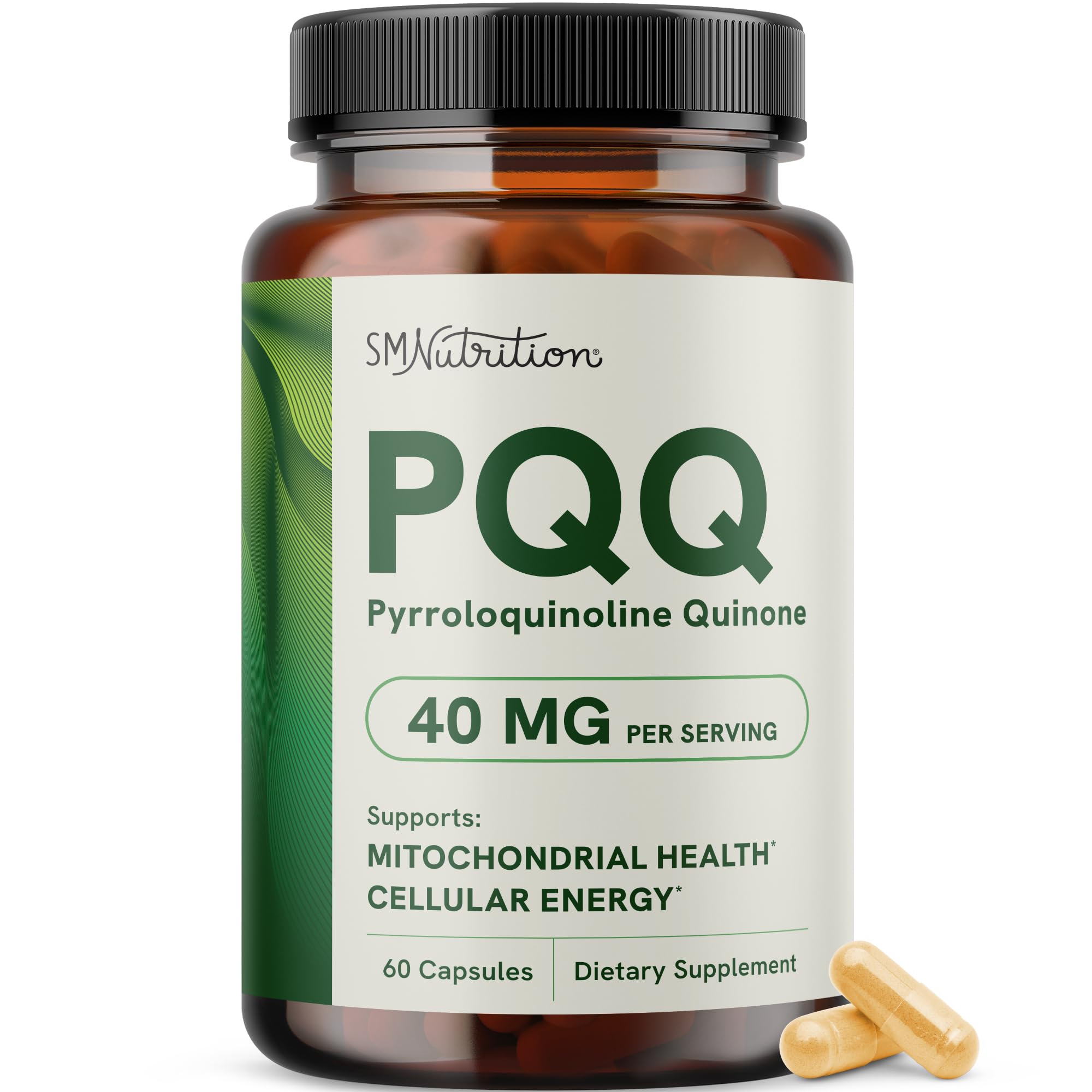 SMNutrition PQQ cápsula en frasco, posible apoyo a la energía celular.