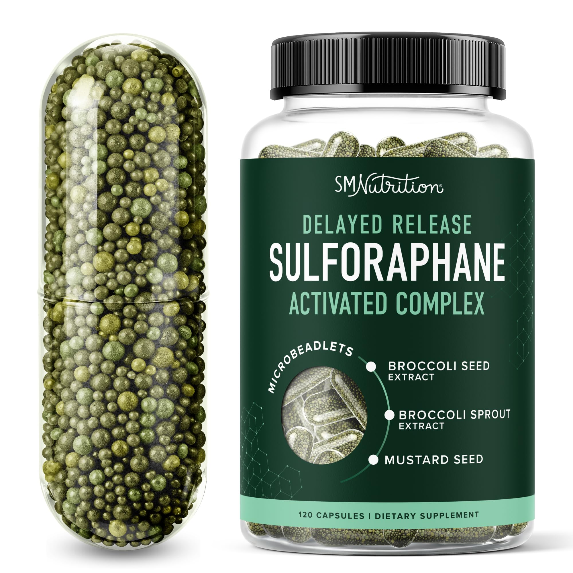 SMNutrition sulforafano activado, brócoli fresco en brotes, posible apoyo a la salud celular.