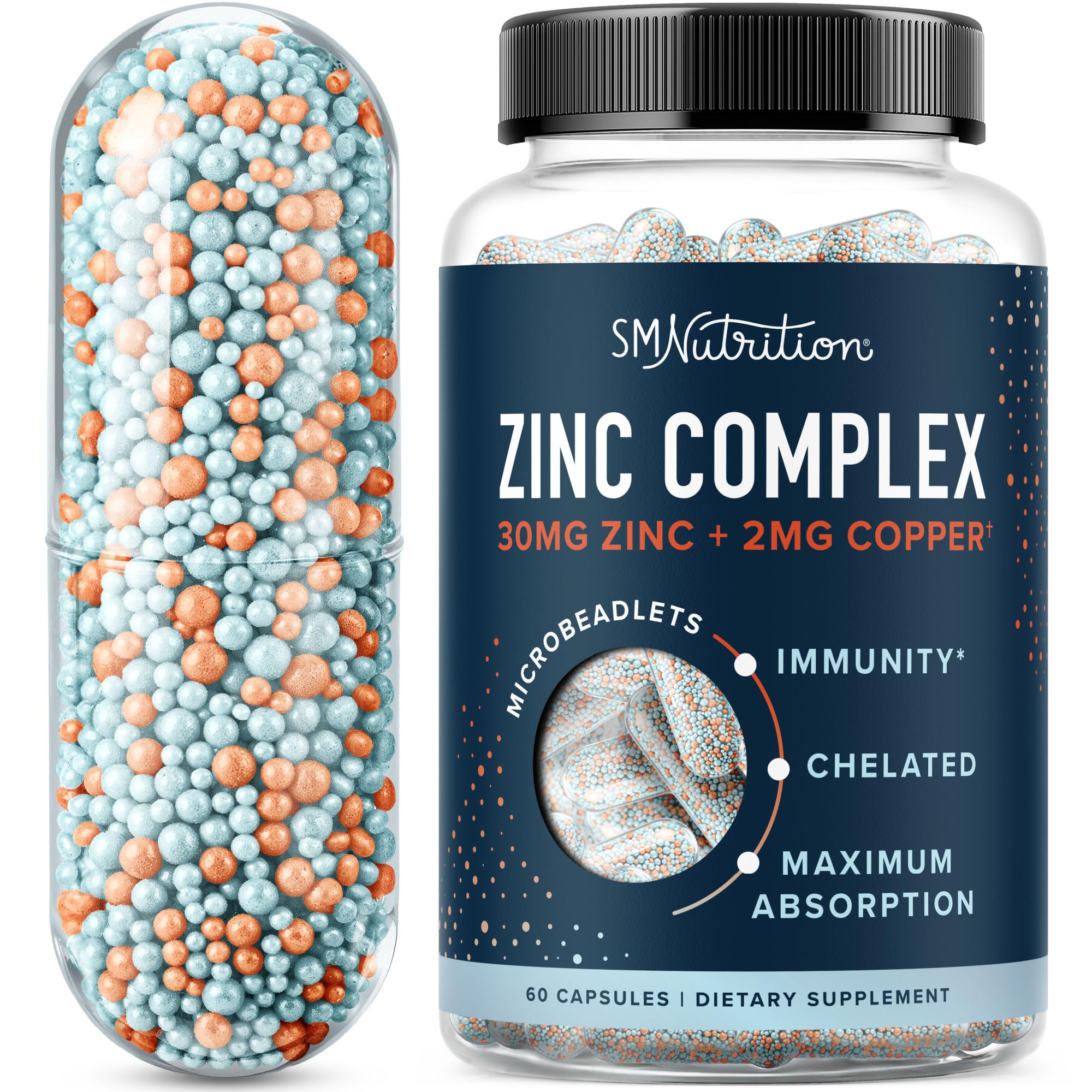 SMNutrition Zinc Microbeadlets con cobre en botella, para uso diario y apoyo al sistema inmunitario.