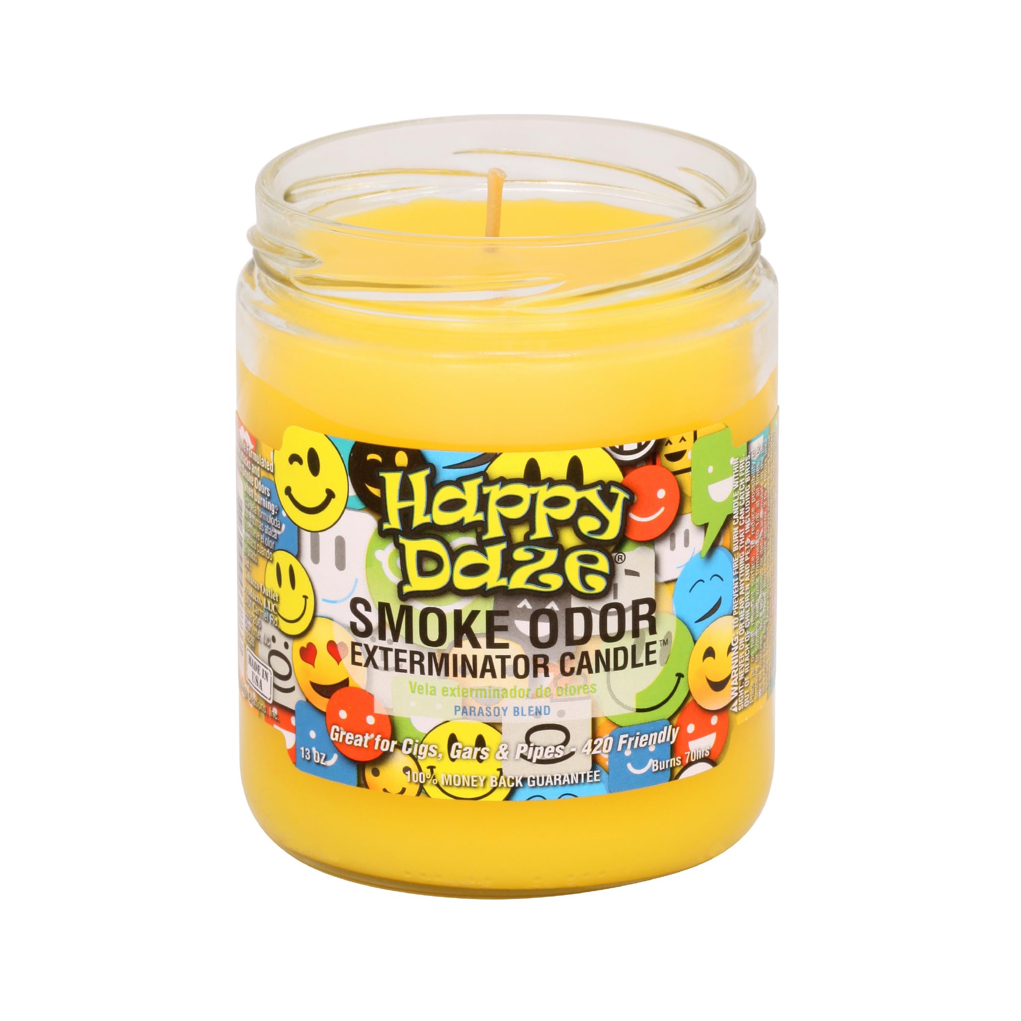 Smoke Odor Exterminator Happy Daze vela tarro 13oz para eliminar olores de humo.