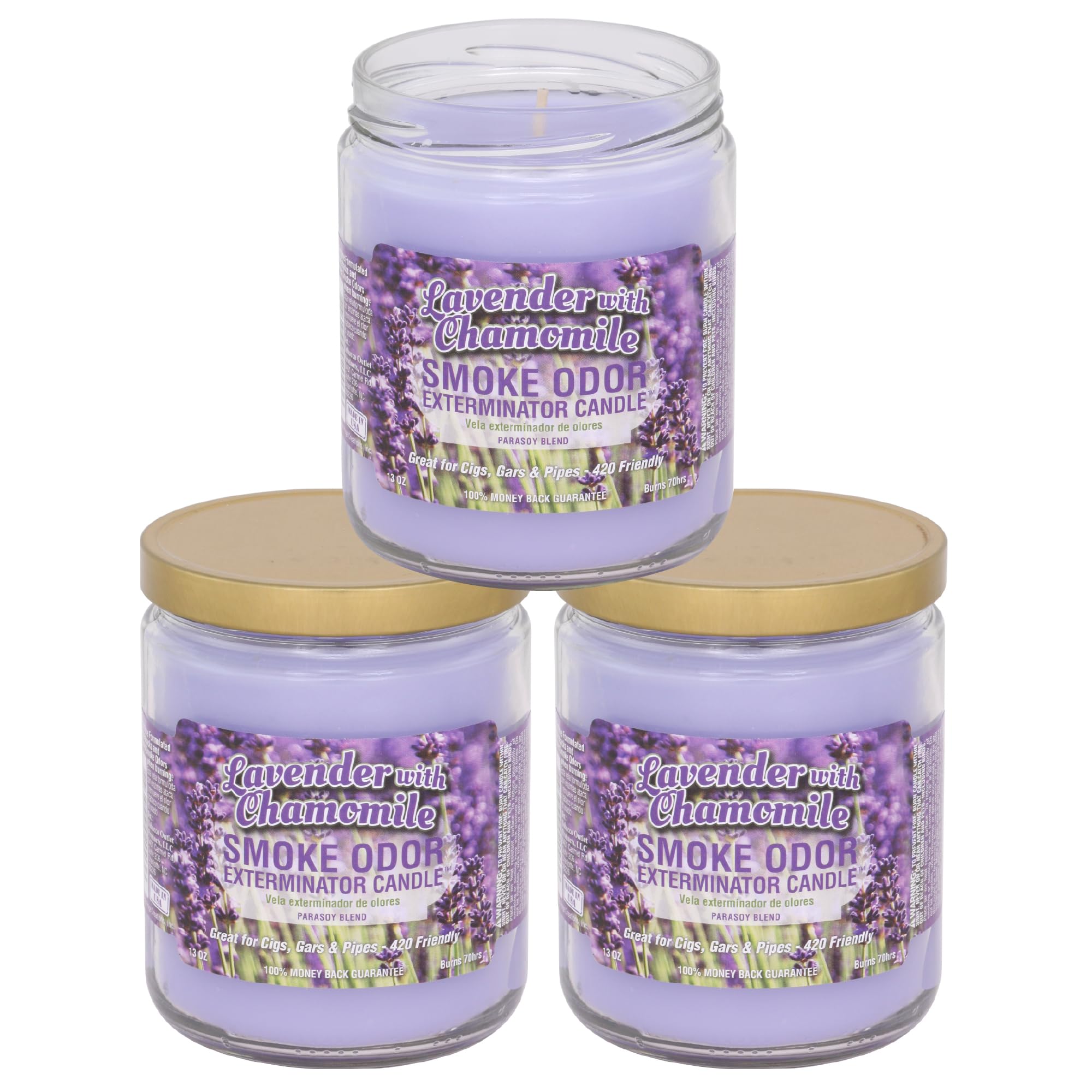 Velas Smoke Odor Exterminator Lavanda y Manzanilla en frasco de 13 oz perfuman el ambiente.