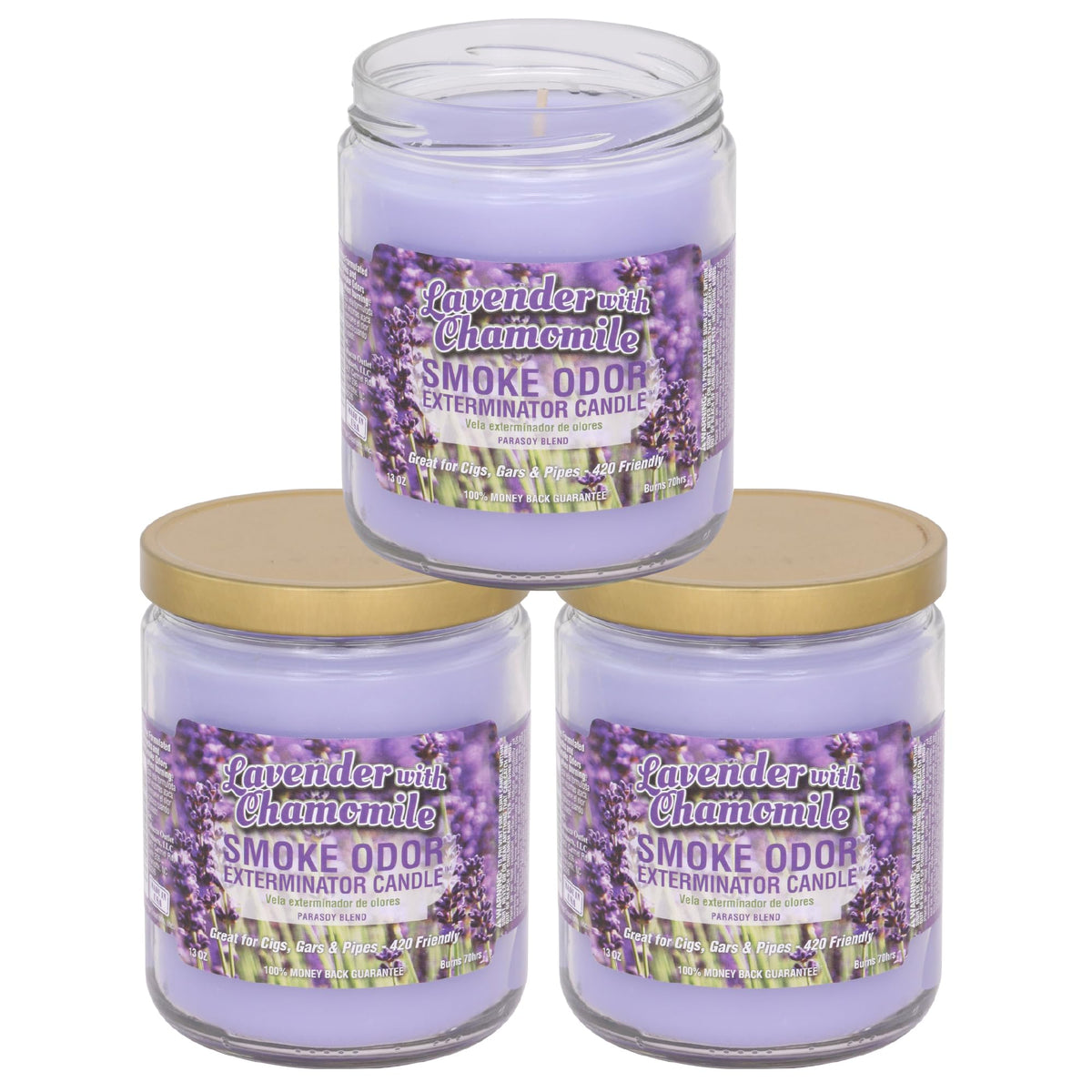 Velas Smoke Odor Exterminator Lavanda y Manzanilla en frasco de 13 oz perfuman el ambiente.