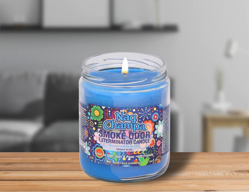 Smoke Odor Exterminator Nag Champa vela de 13 onzas en uso: fórmula enzimática para olores.