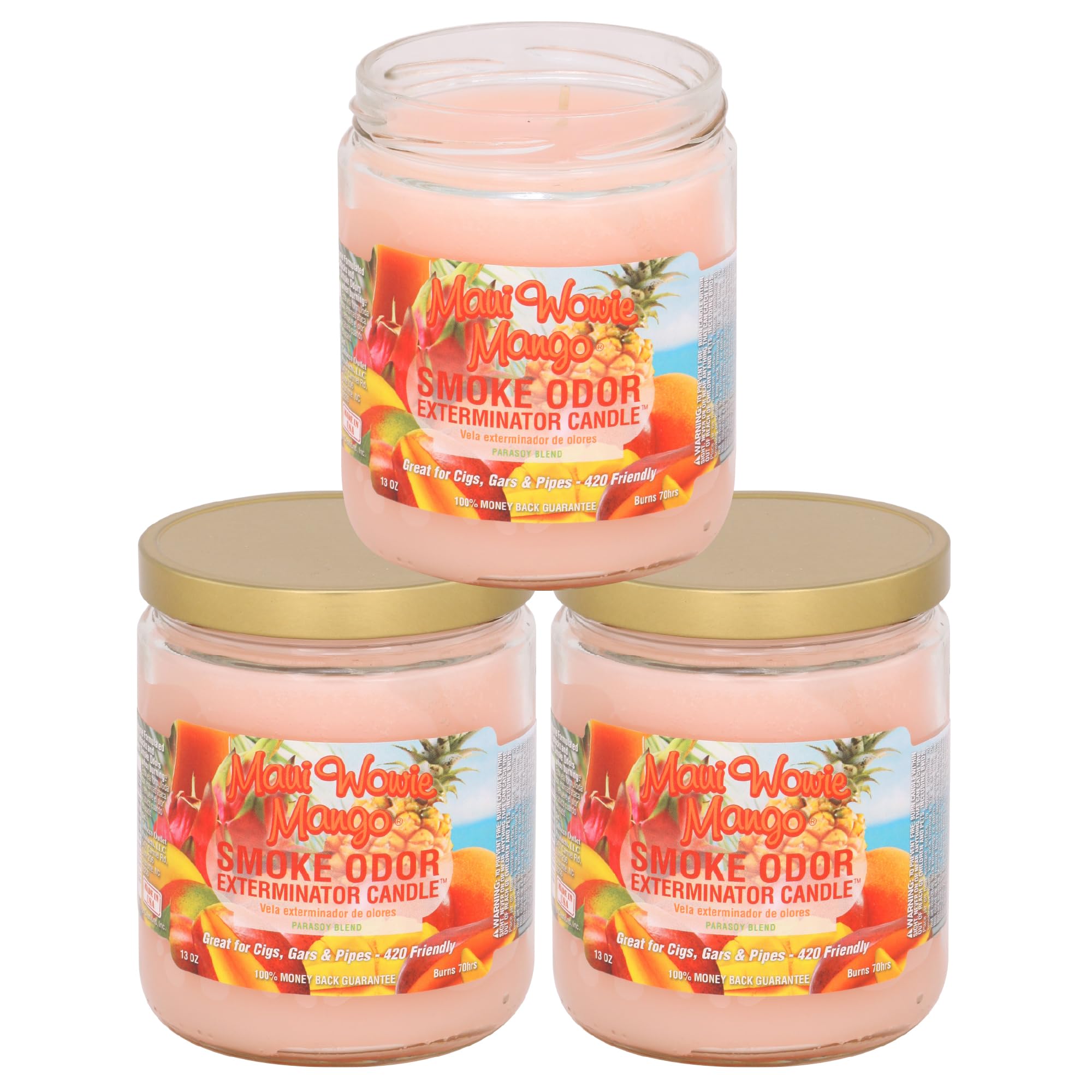 Smoke Odor Exterminator vela de 13 oz Maui Wowie Mango para neutralizar olores y dejar fragancia.