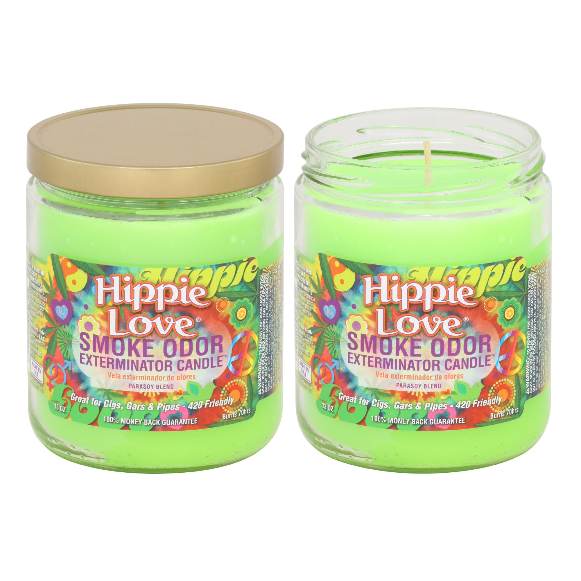 Vela Smoke Odor Exterminator Hippie Love en tarro neutraliza olores y perfuma el espacio