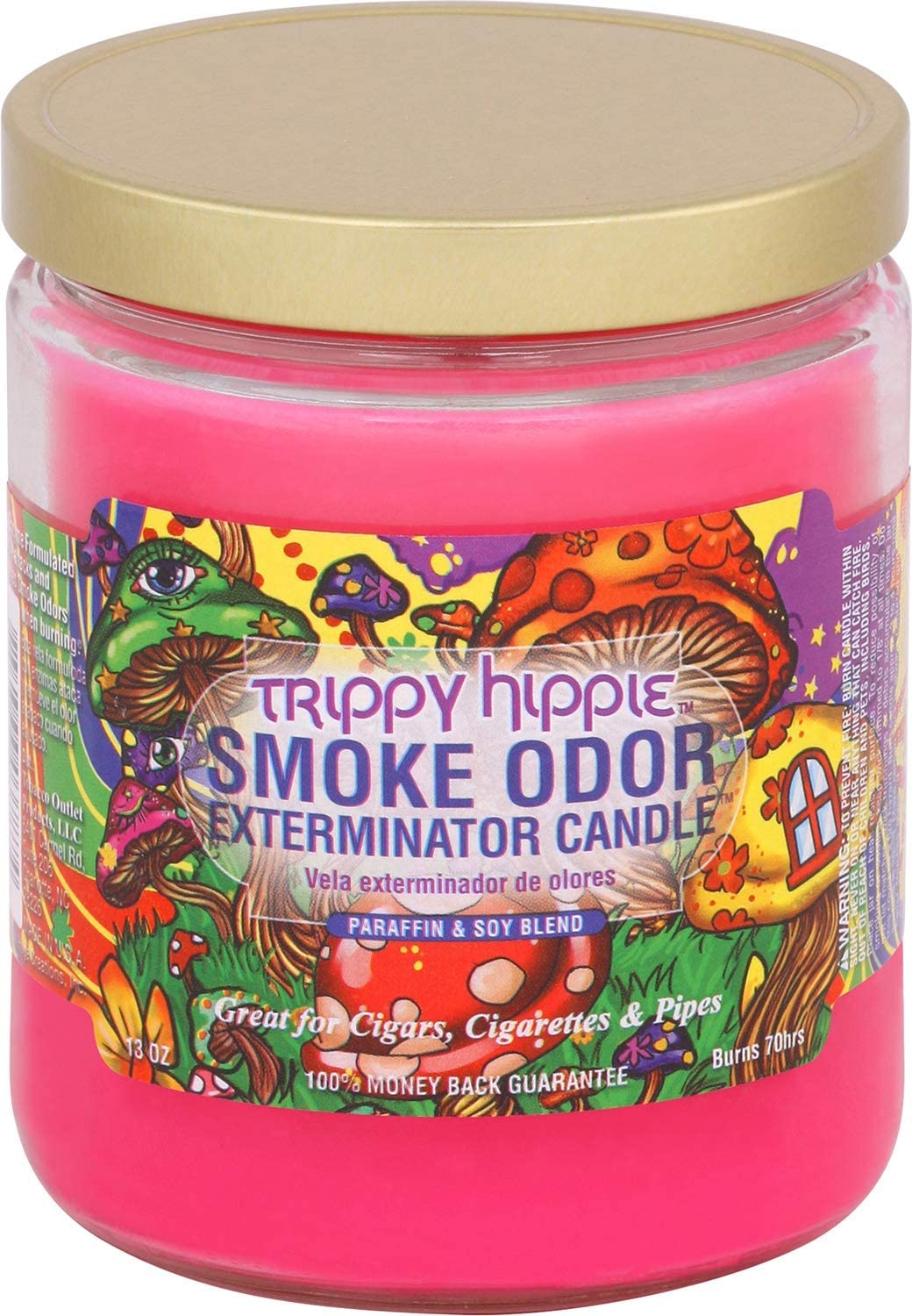 Vela Smoke Odor Exterminator Trippy Hippie 13 oz encendida para neutralizar olores de humo.
