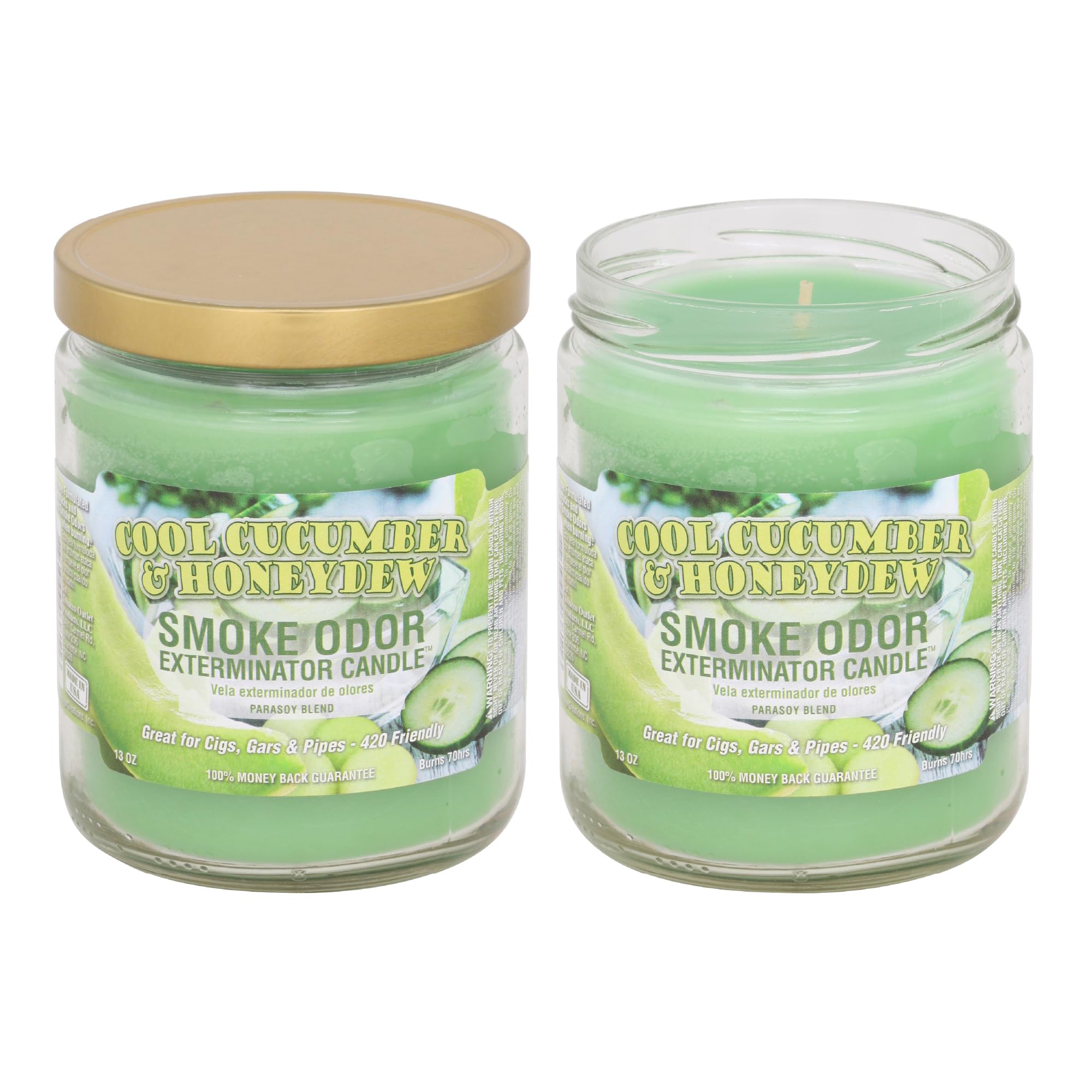Vela Smoke Odor Exterminator en tarro con pepino fresco y melón honeydew para perfumar espacios.