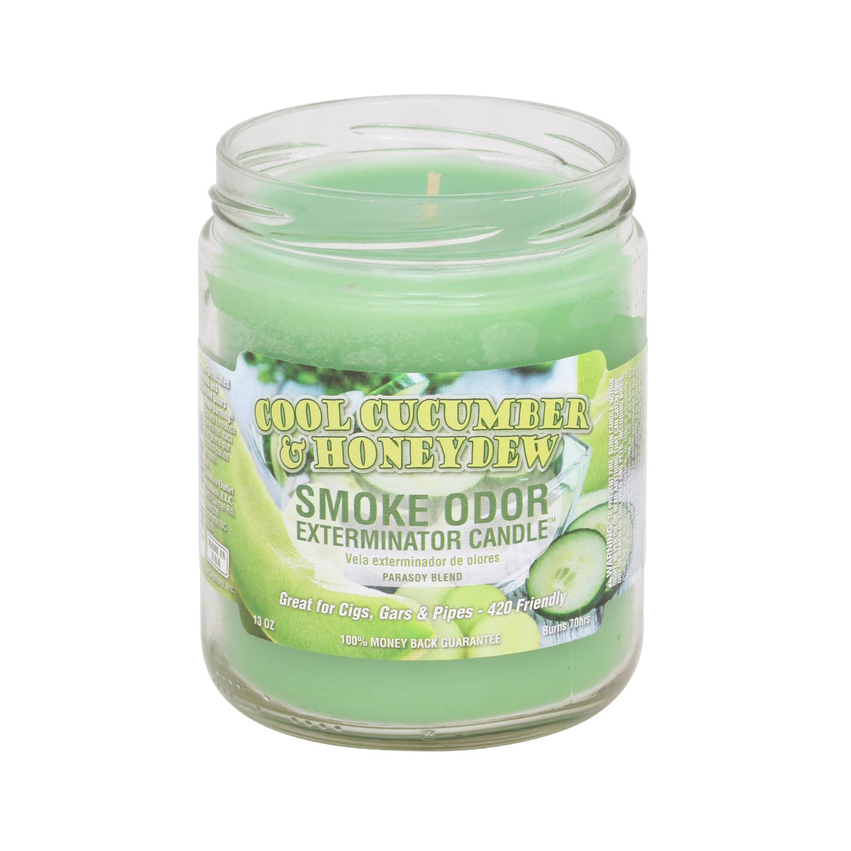 Vela Smoke Odor Exterminator en tarro de 13 oz, pepino fresco y melón honeydew perfuman el ambiente.