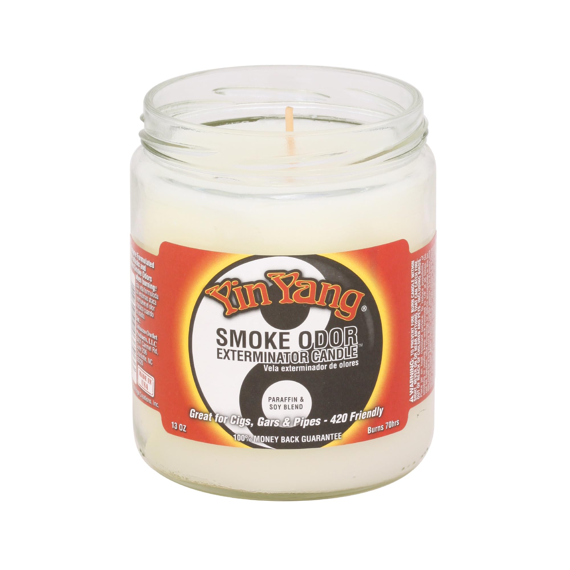 Smoke Odor Exterminator Yin Yang vela en tarro 13 oz, aroma equilibrante para el hogar.