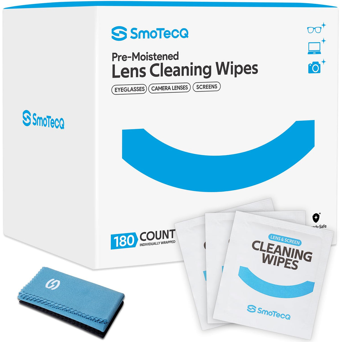 SmoTecQ toallitas para lentes, empaquetadas individualmente, listas para limpieza rápida.