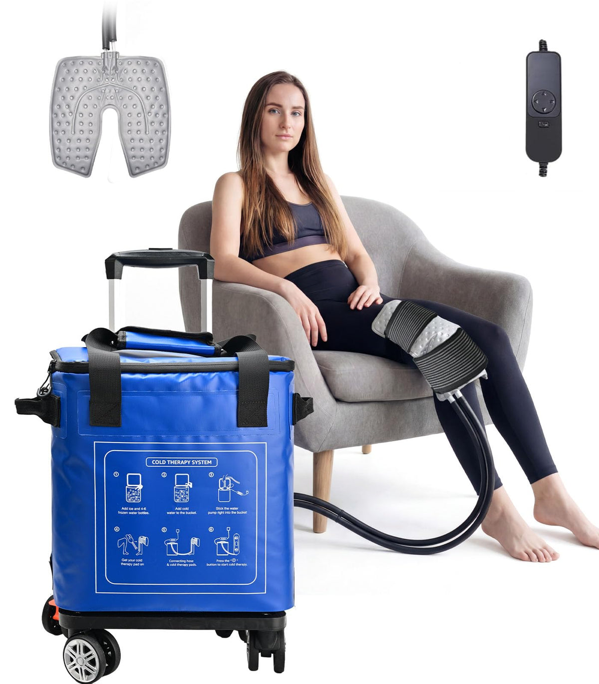Smusrks máquina de hielo para rodilla en uso, alivio localizado.