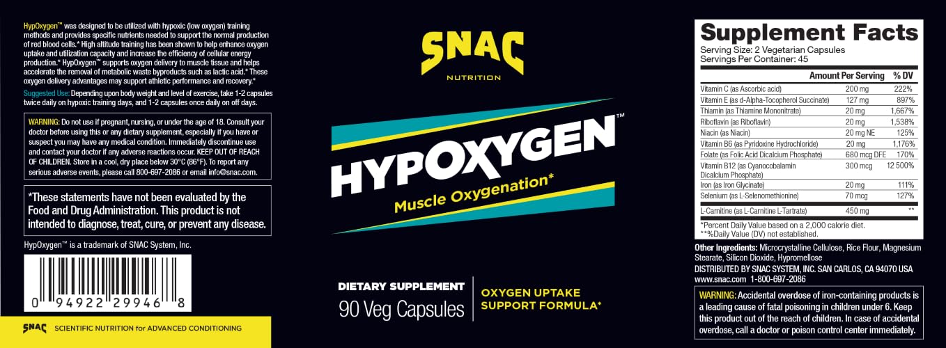 Etiqueta frontal de SNAC HypOxygen destacando oxigenación y rendimiento