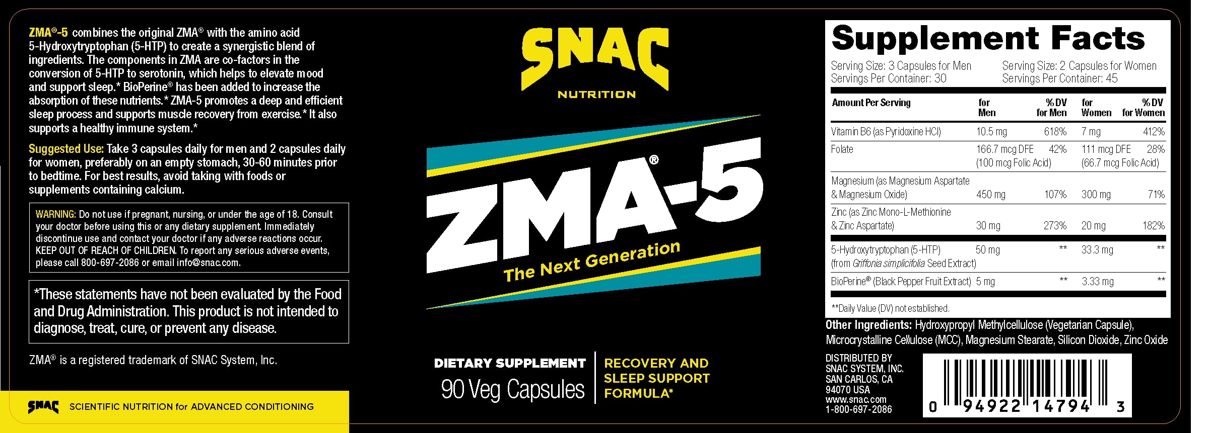 SNAC ZMA-5: cápsulas visibles para apoyo a la recuperación muscular tras entrenar