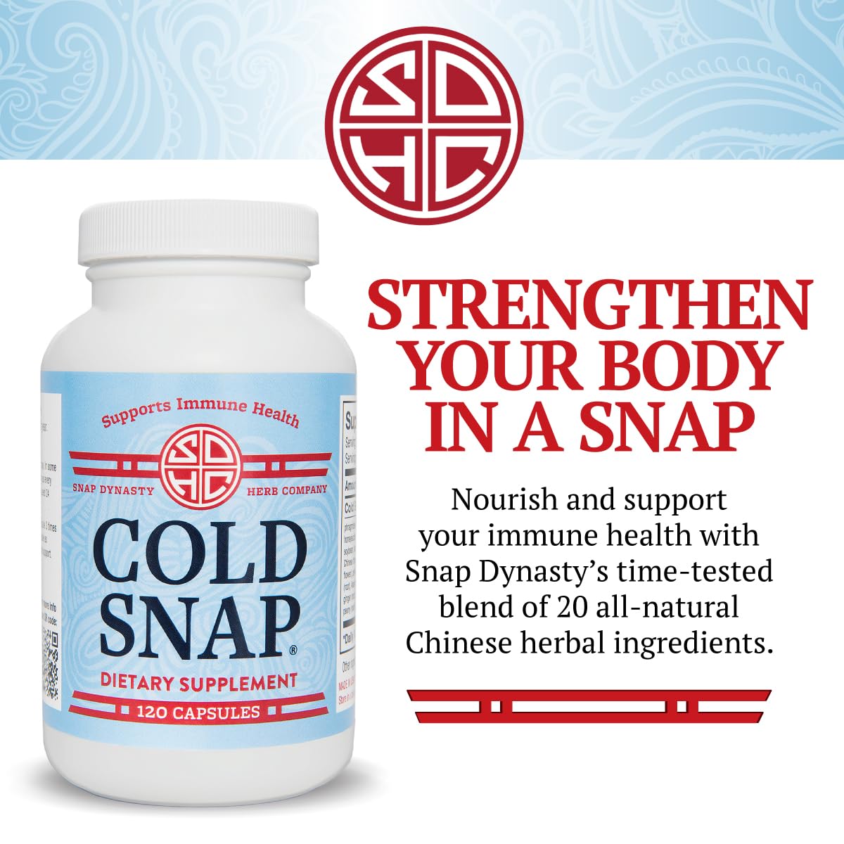 Snap Dynasty Cold Snap etiqueta detalle, fórmulas herbales de tradición china para el bienestar.