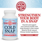 Snap Dynasty Cold Snap etiqueta detalle, fórmulas herbales de tradición china para el bienestar.