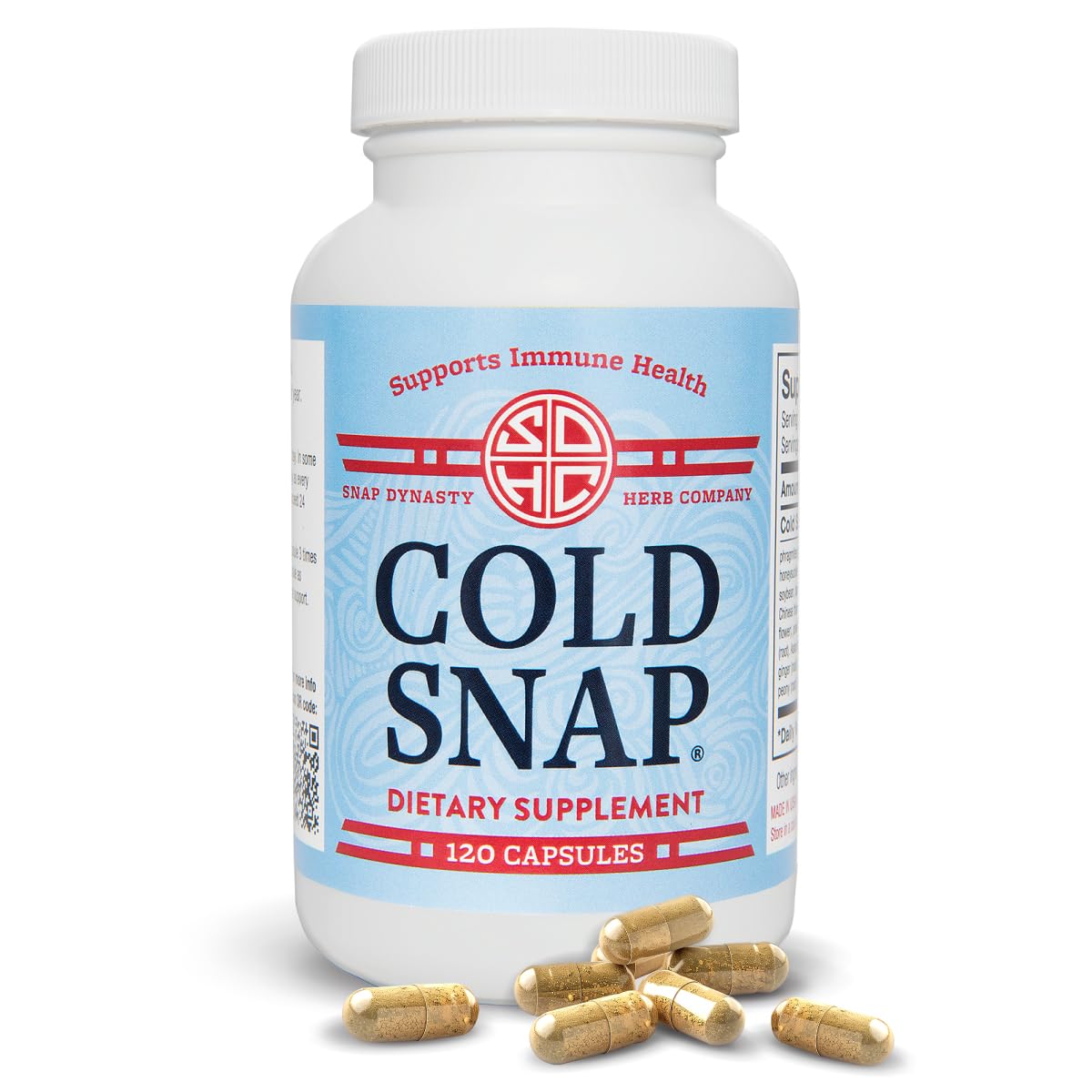 Snap Dynasty Cold Snap bote frente, apoyo inmune natural a lo largo del año.