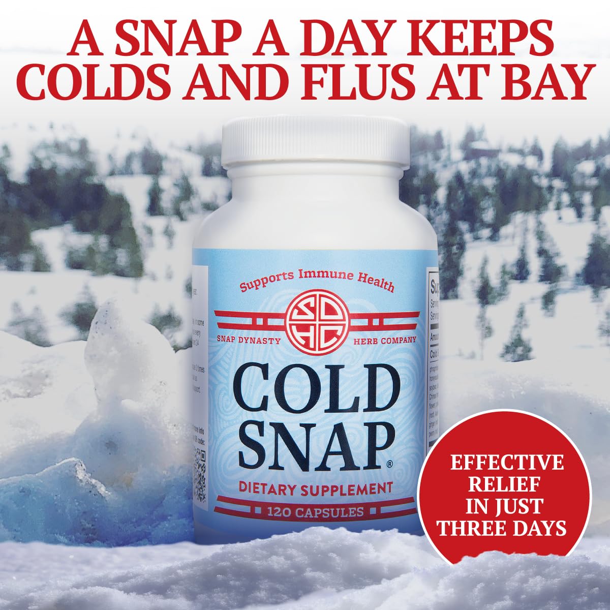 Snap Dynasty Cold Snap cápsulas cerca, consumo diario para apoyo inmunológico de forma natural.
