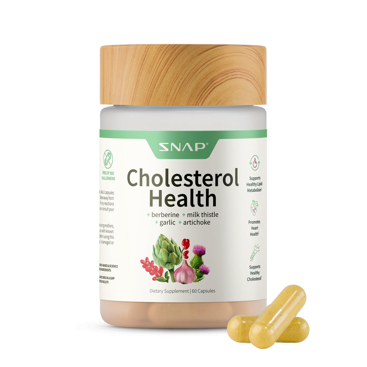 Snap Supplements Salud Colesterol: botella de cápsulas con alcachofa para apoyo general