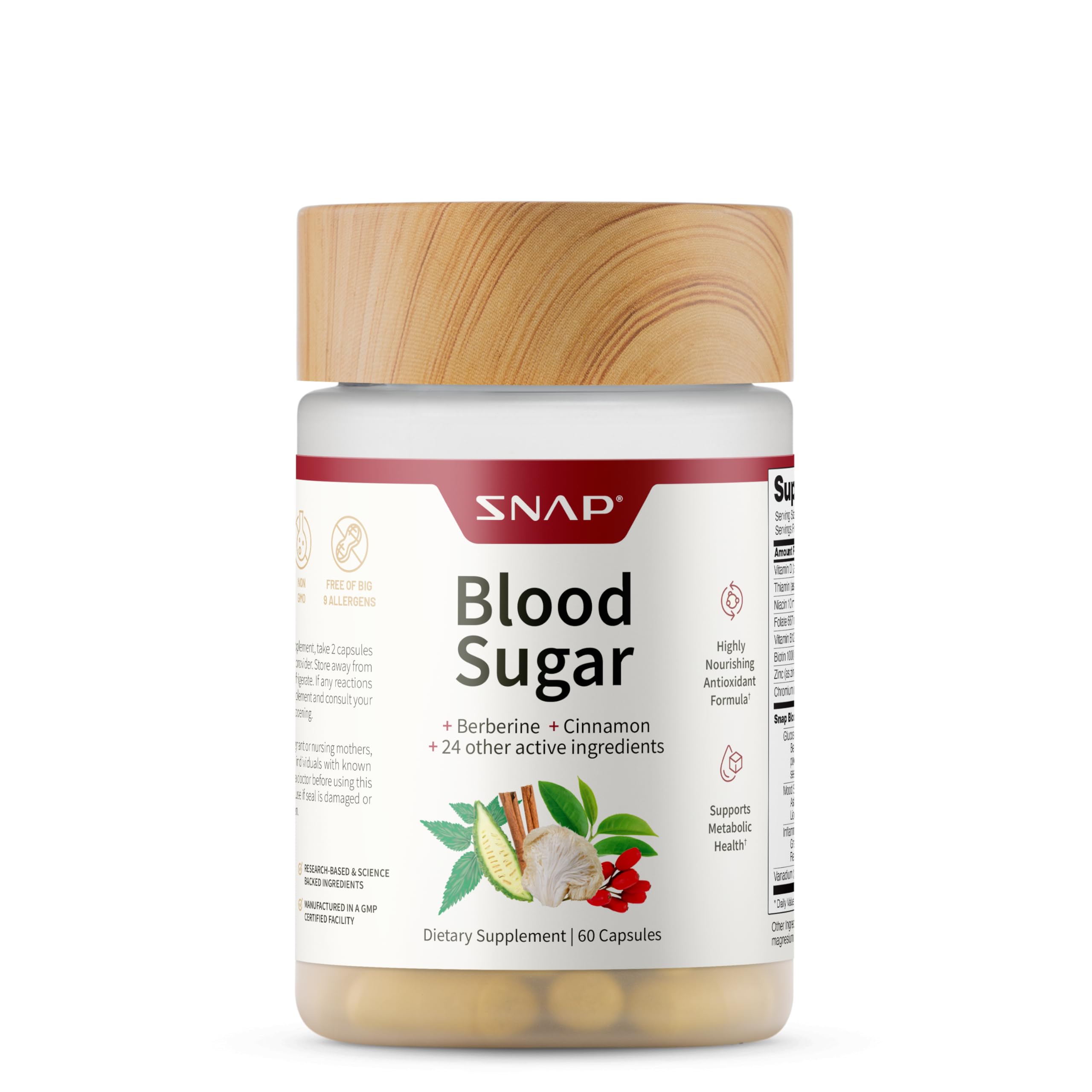 Snap Supplements Blood Sugar Blend: botella de cápsulas para apoyar energía diaria