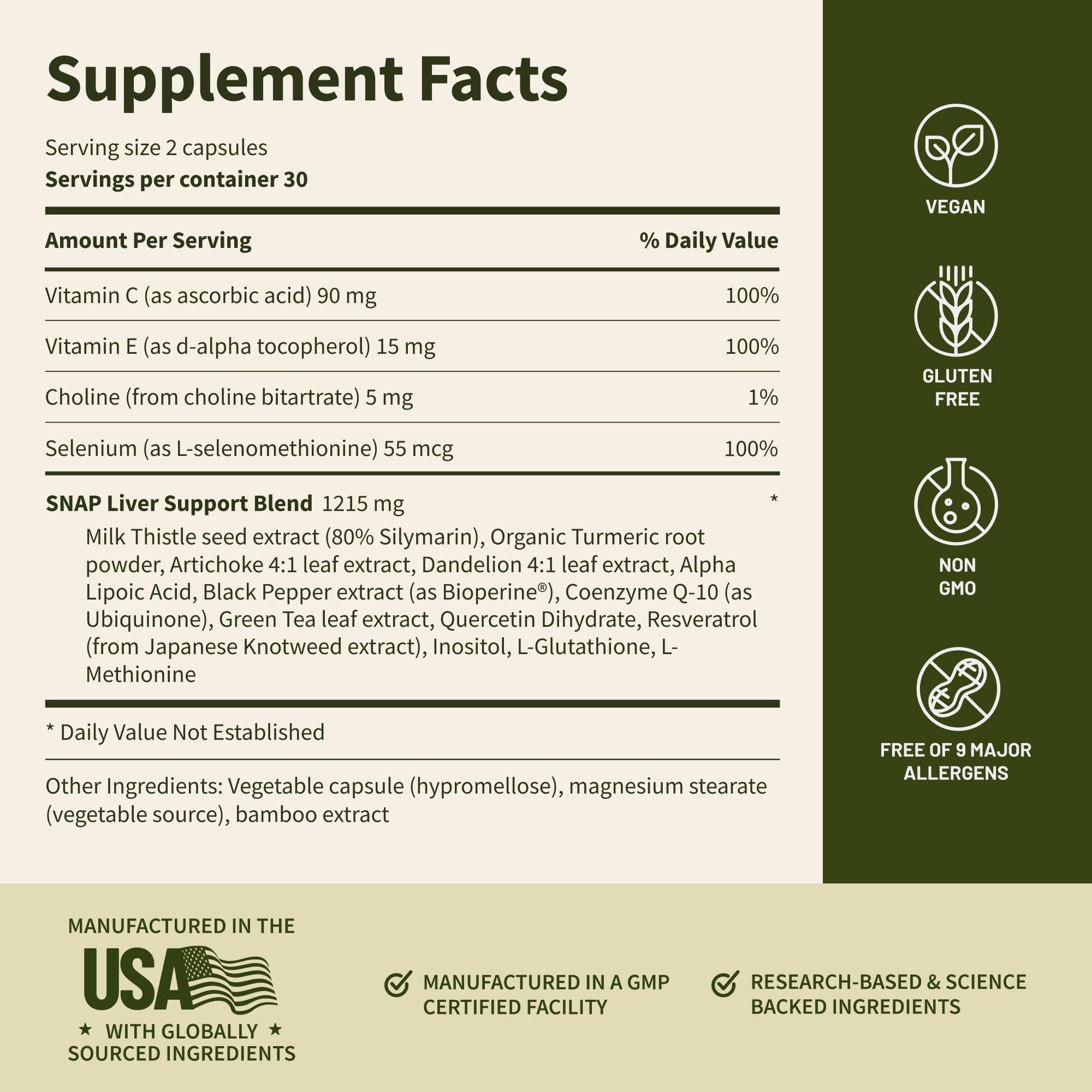 Snap Supplements Detalle de empaque: etiqueta premium y calidad.