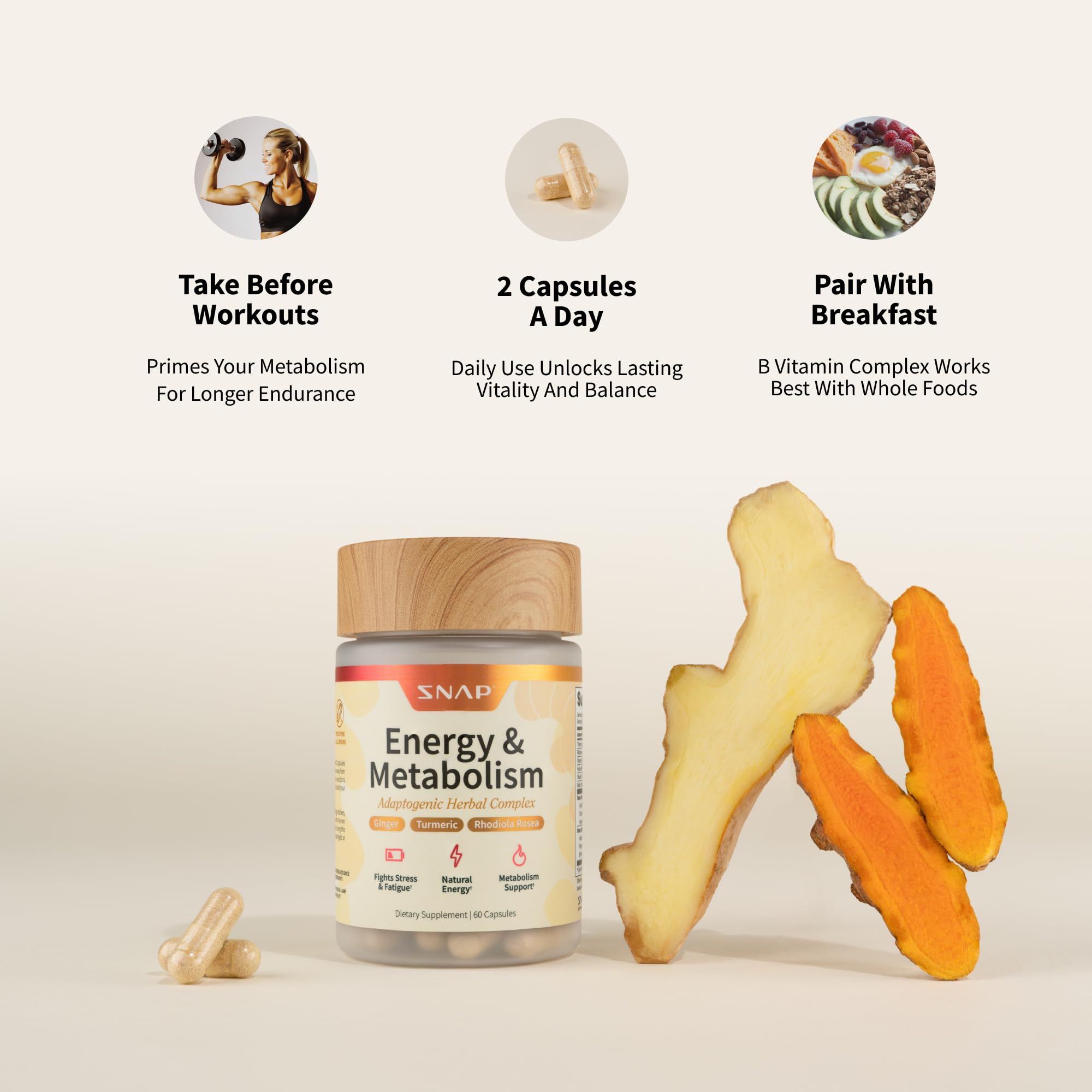 Snap Supplements Energy & Metabolism mejora el enfoque y el bienestar.