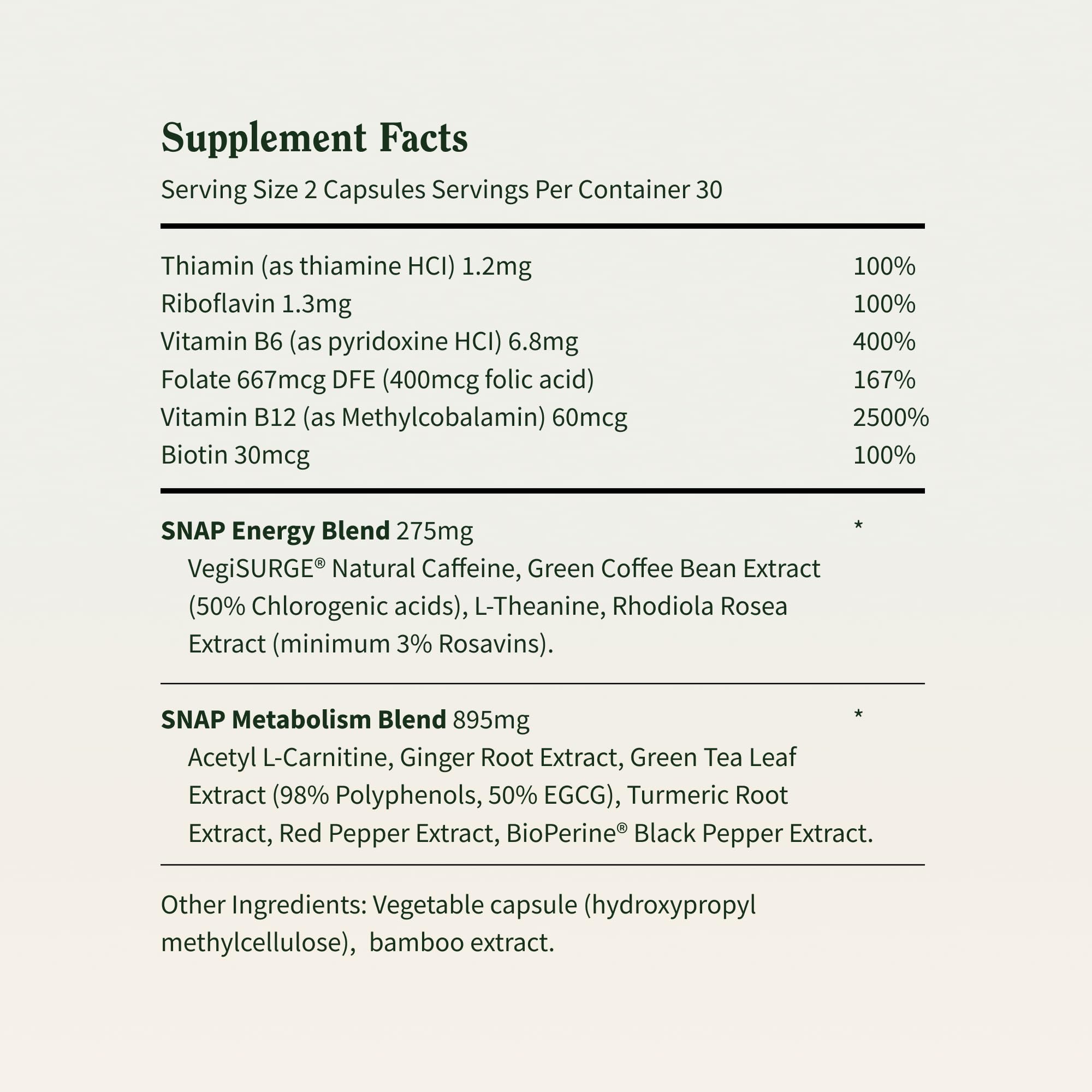 Etiqueta clara de Snap Supplements Energy & Metabolism con información clave.