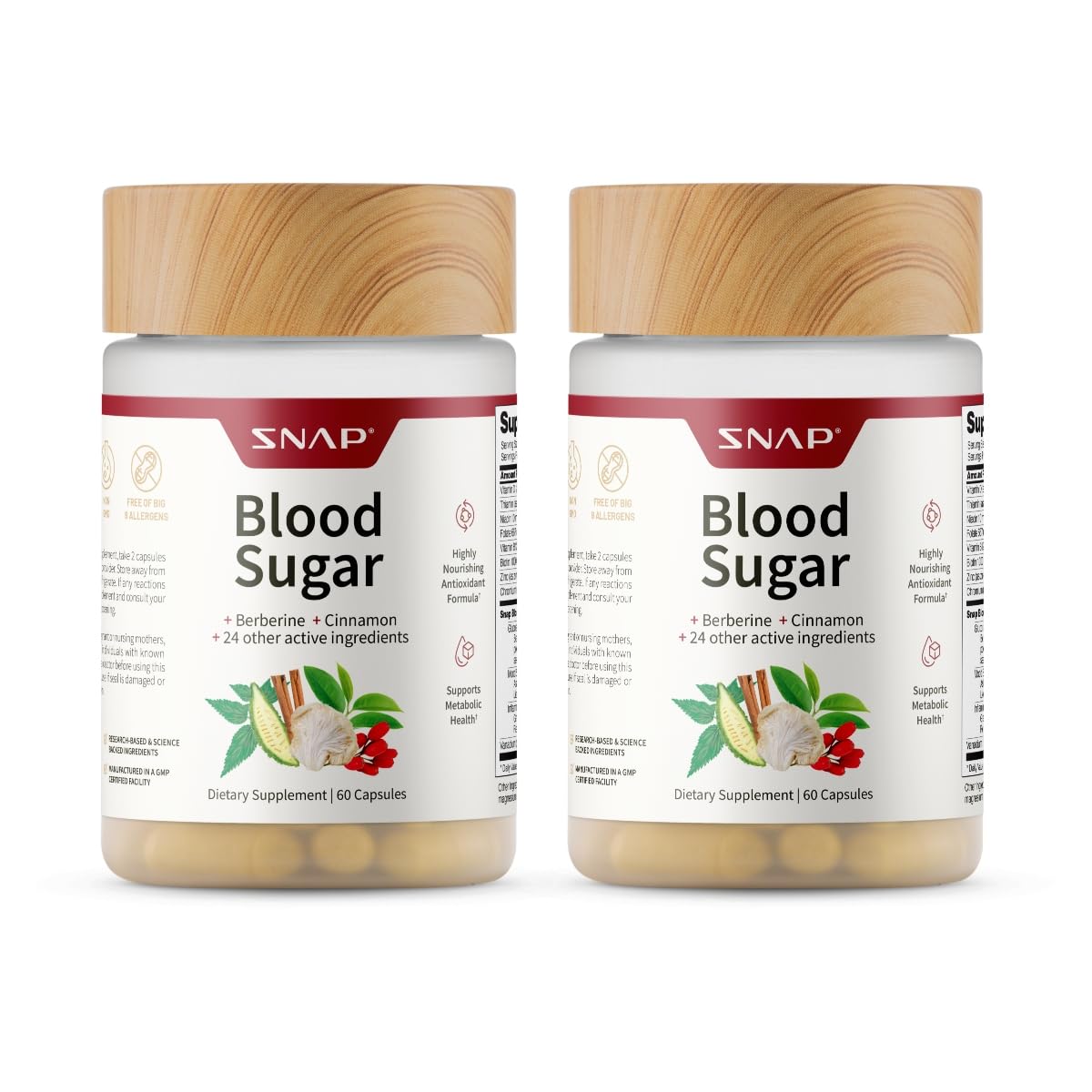 Botella de Snap Supplements para equilibrio de sangre y energía diaria.