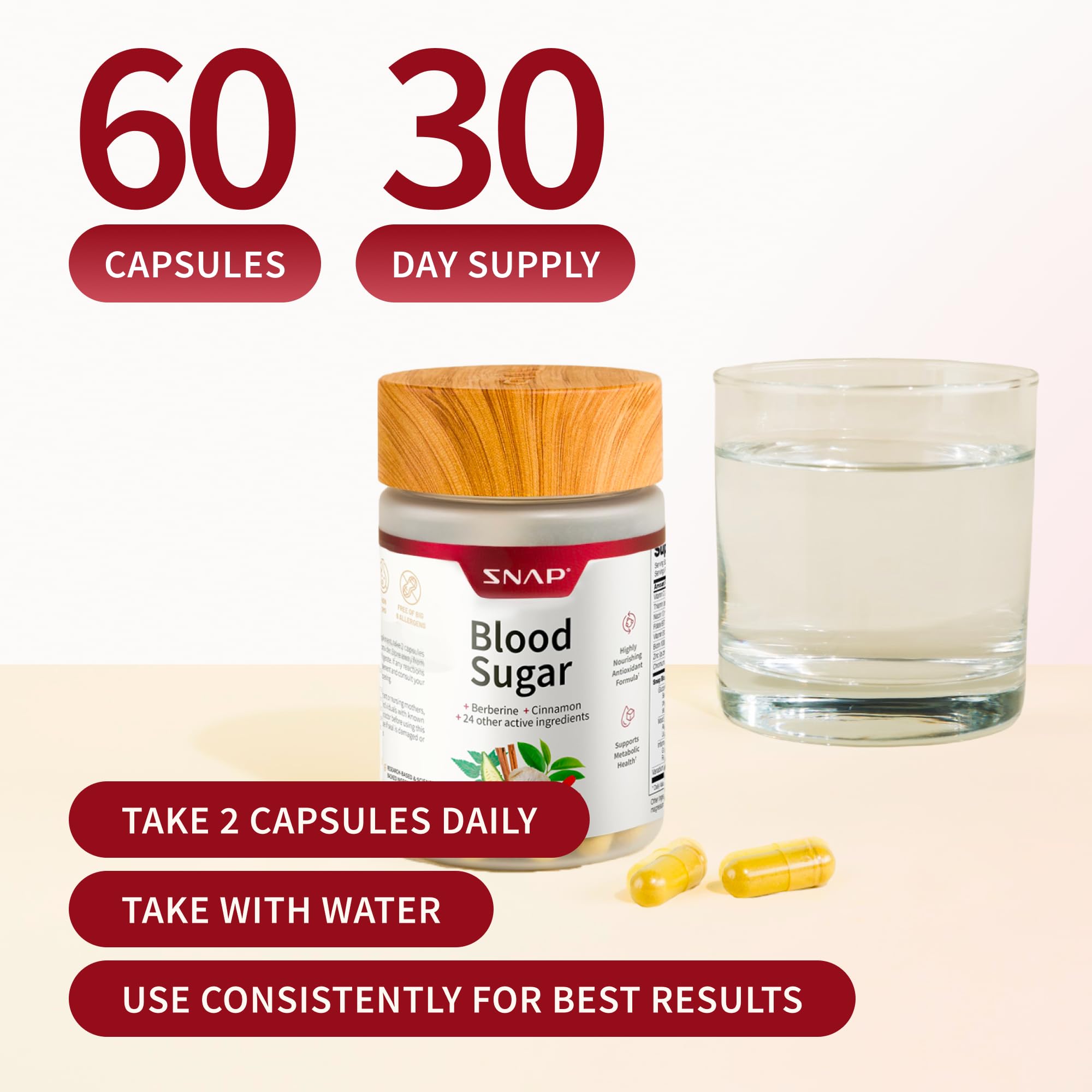 Etiqueta de Snap Supplements en frasco muestra información de calidad