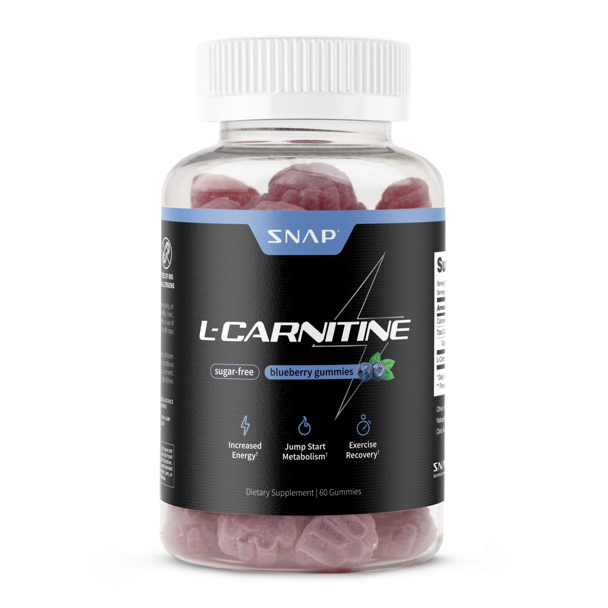 Gominolas L-Carnitine Tartrate de Snap Supplements en bote, ideales para energía diaria.
