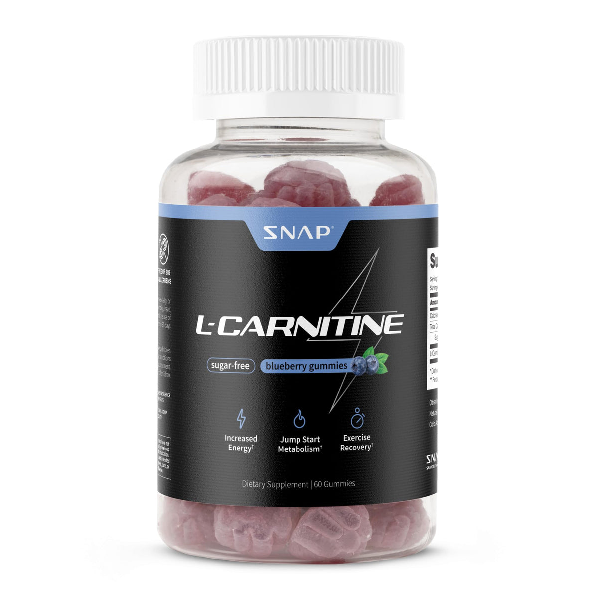 Gominolas L-Carnitine Tartrate de Snap Supplements en bote, ideales para energía diaria.