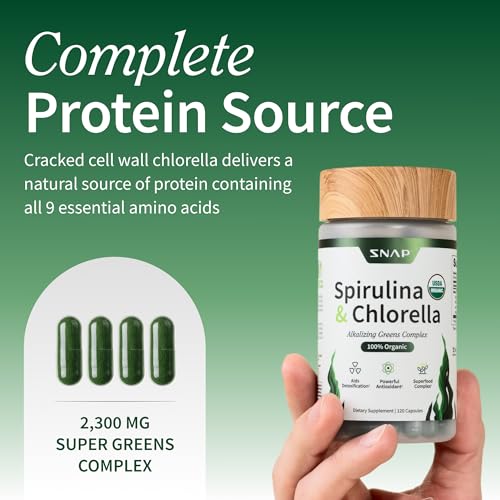 Mezcla verde de spirulina y chlorella en cápsulas para vitalidad.