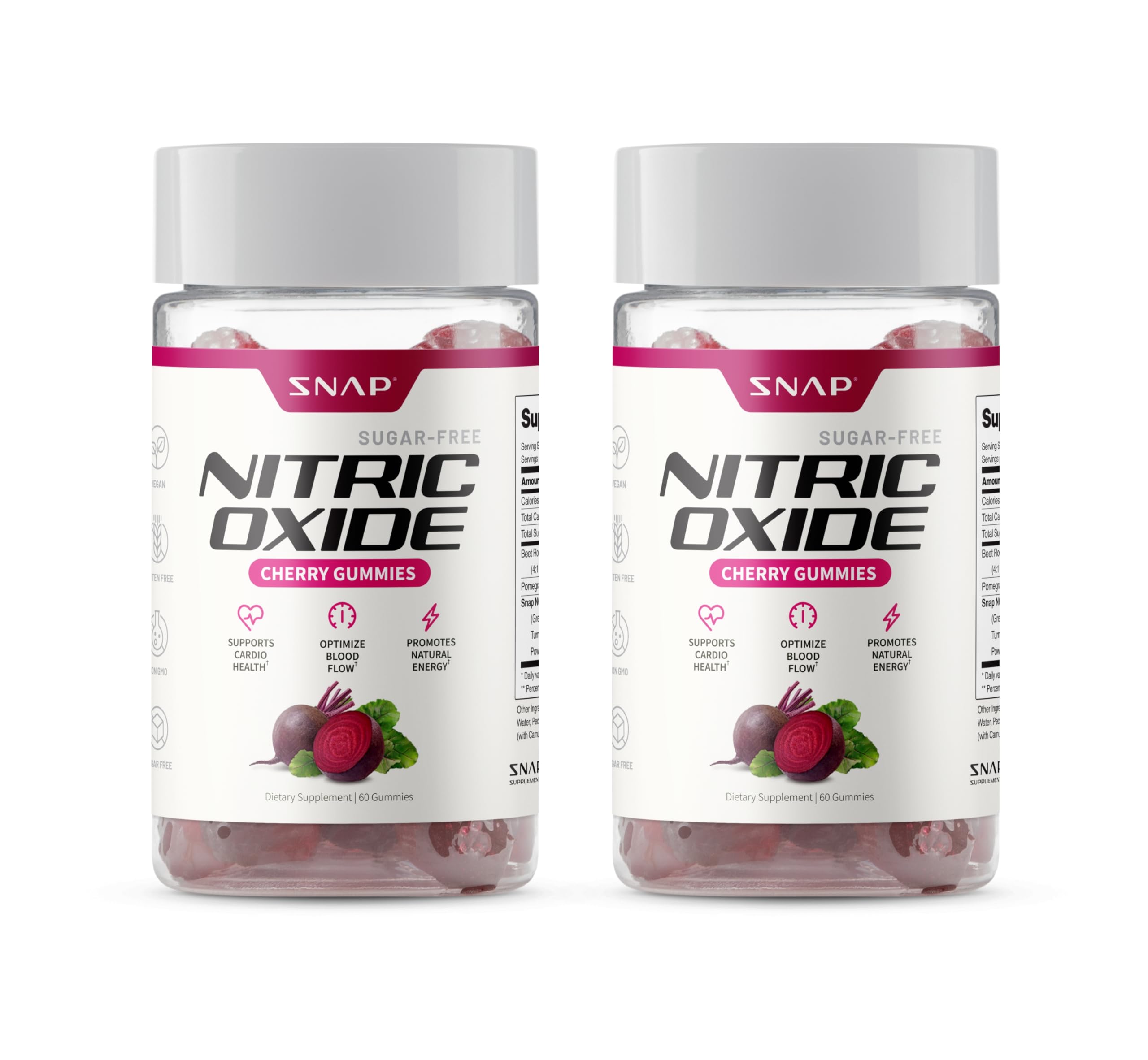 Botella de Snap Supplements Nitric Oxide Gummies lista para energía diaria.