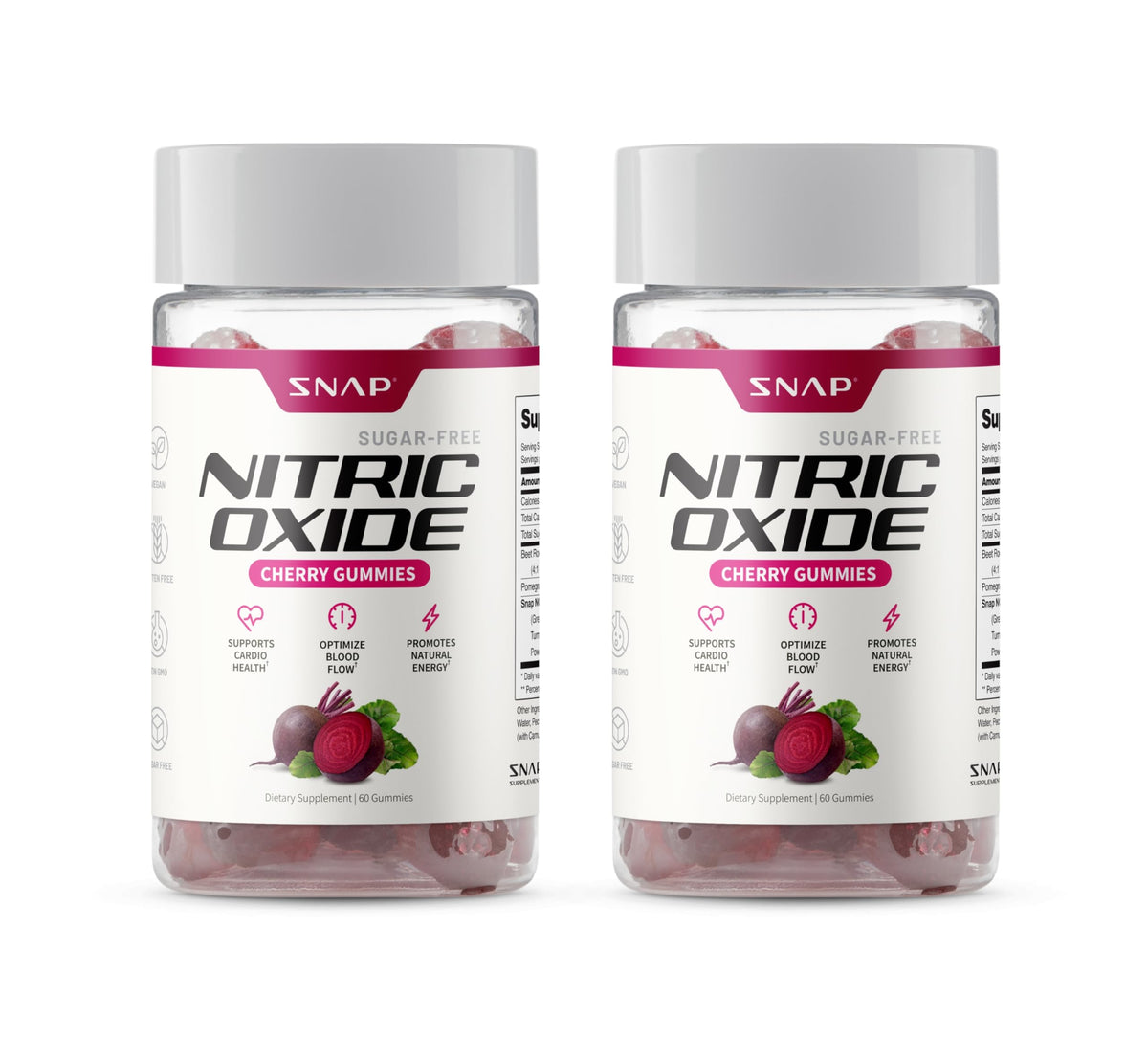 Botella de Snap Supplements Nitric Oxide Gummies lista para energía diaria.