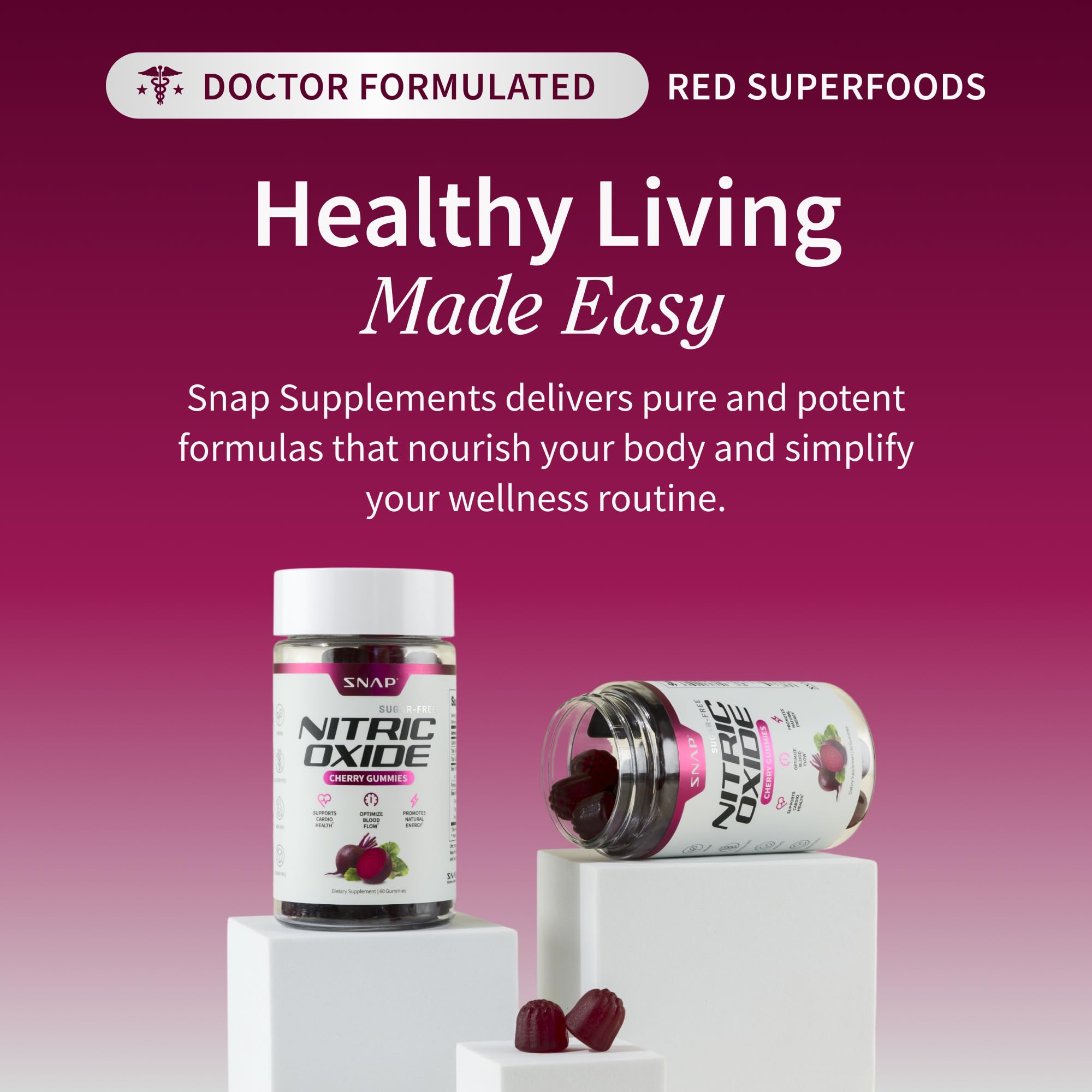 Presentación sin azúcar y vegana de Snap Supplements Nitric Oxide Gummies.