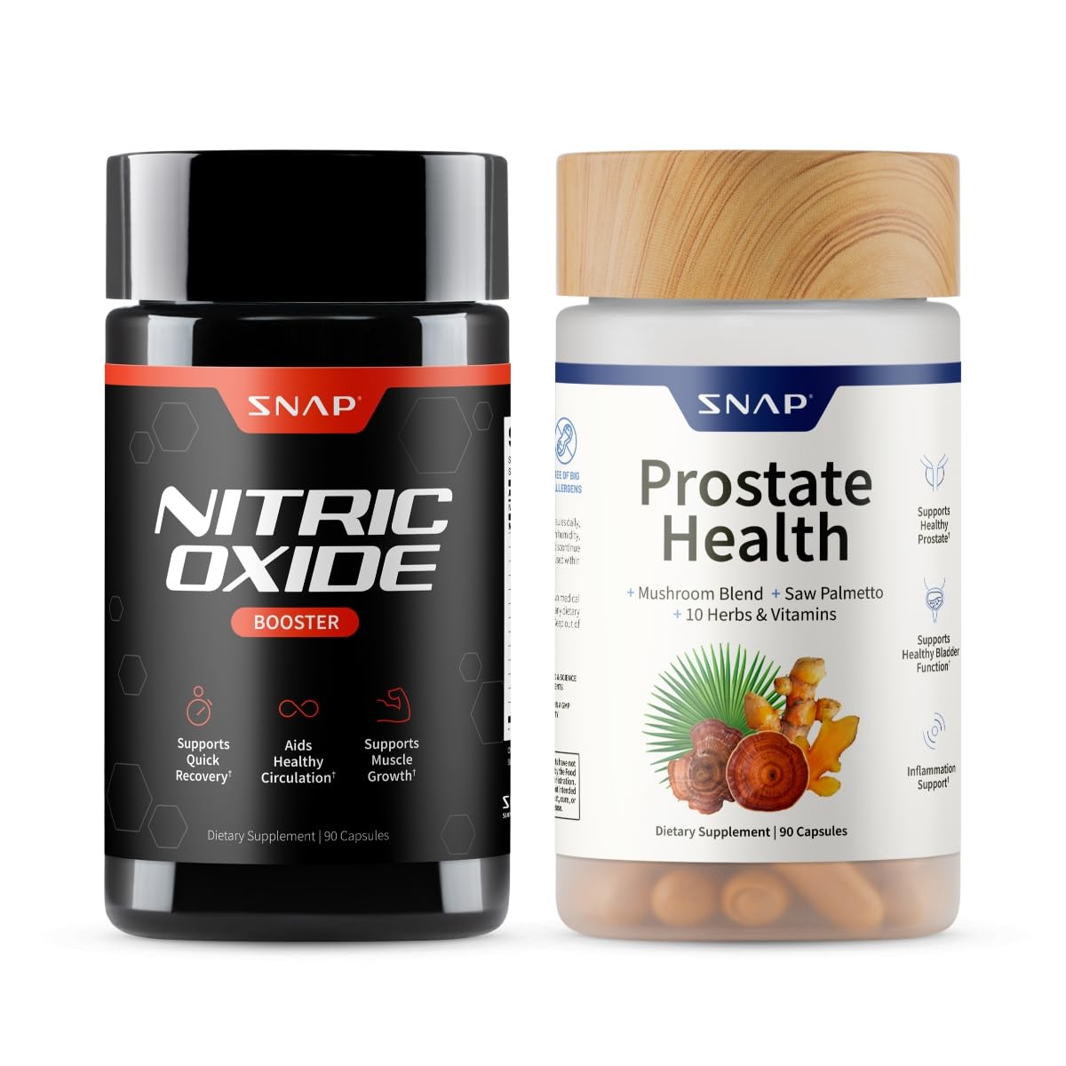 Botella de Snap Supplements con óxido nítrico para energía y circulación.