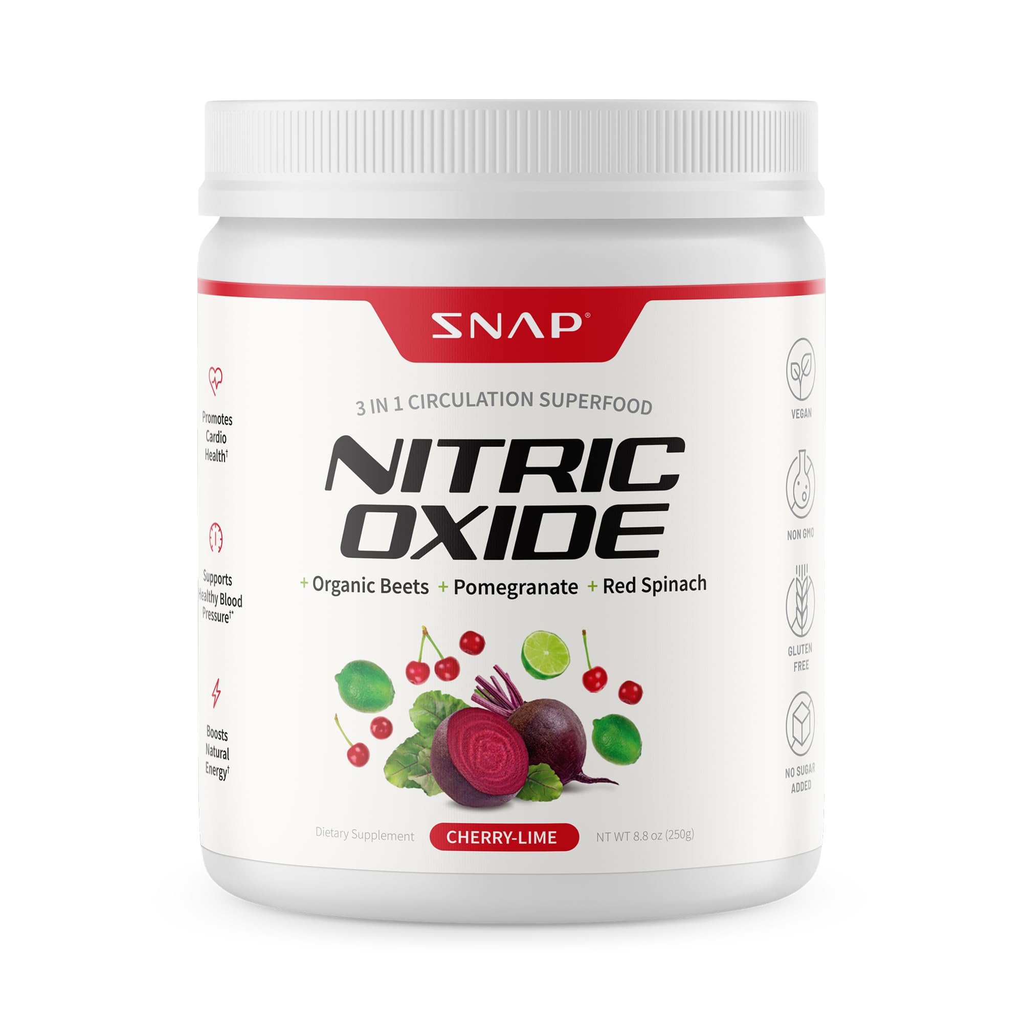 Snap Supplements polvo de remolacha orgánica con cuchara para batidos energéticos.