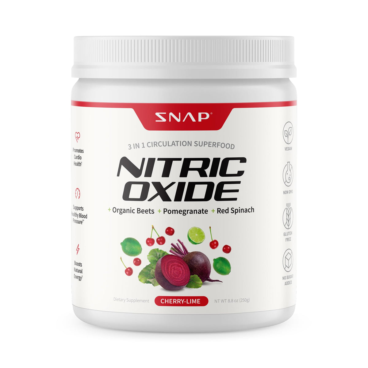 Snap Supplements polvo de remolacha orgánica con cuchara para batidos energéticos.