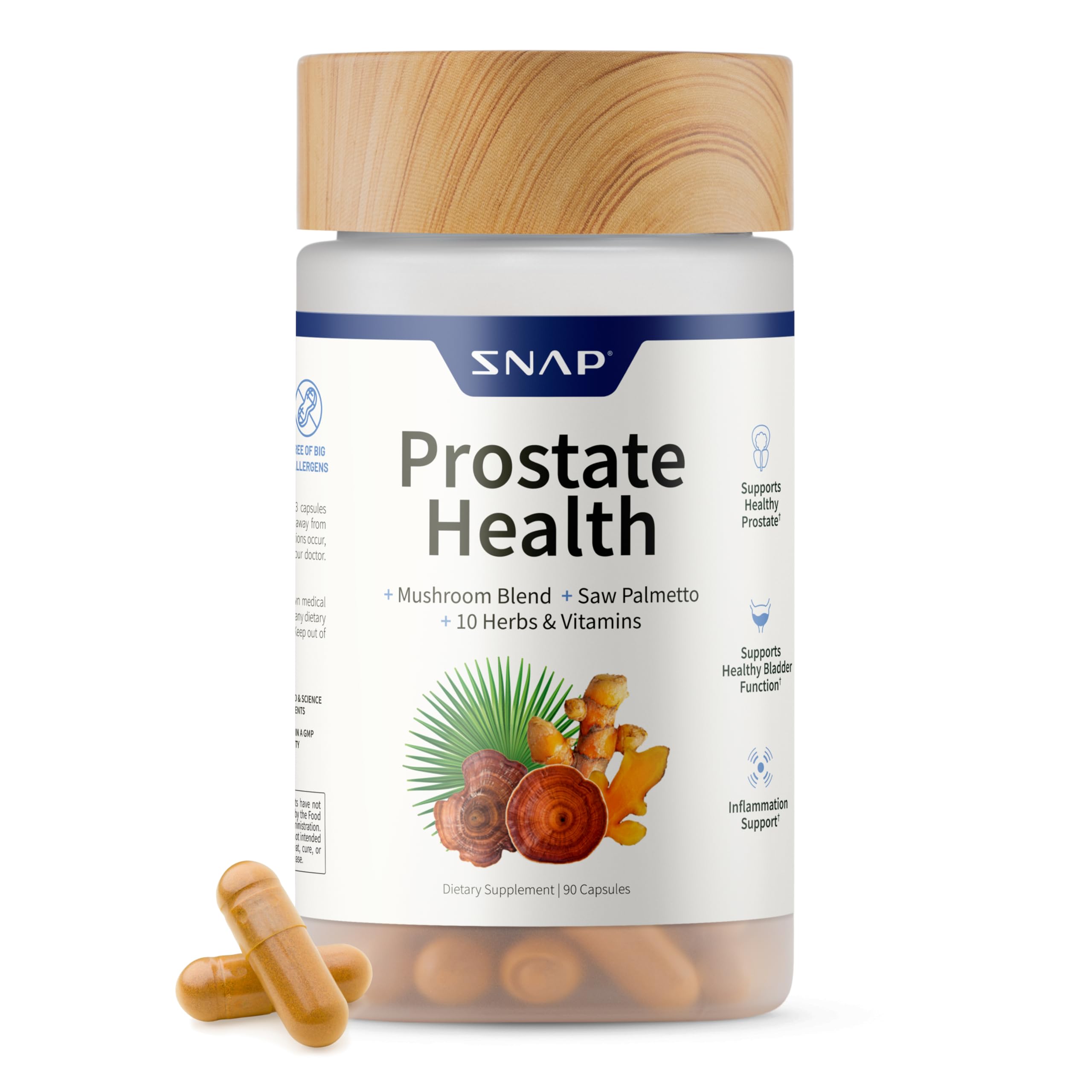 Snap Supplements Prostata: cápsulas vegetarianas visibles en frasco para la toma diaria.