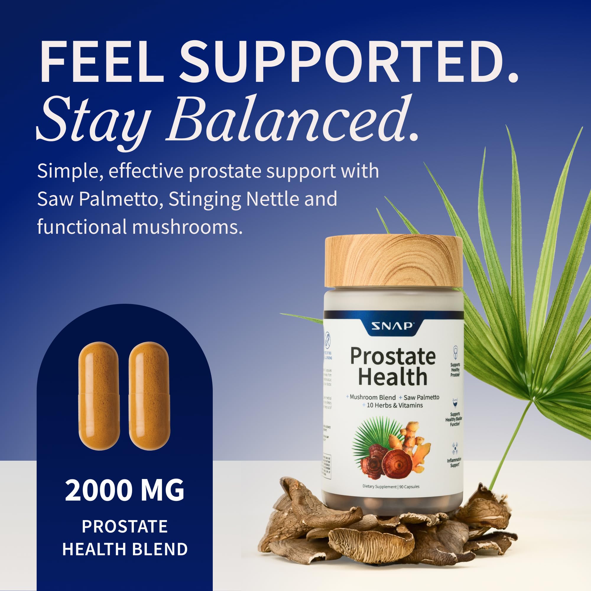 Snap Supplements Prostata palma enana americana: ingredientes clave para apoyar la salud urinaria.