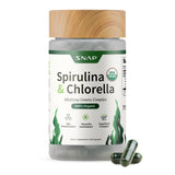 Snap Supplements cápsulas vegetales de spirulina y chlorella para energía diaria.