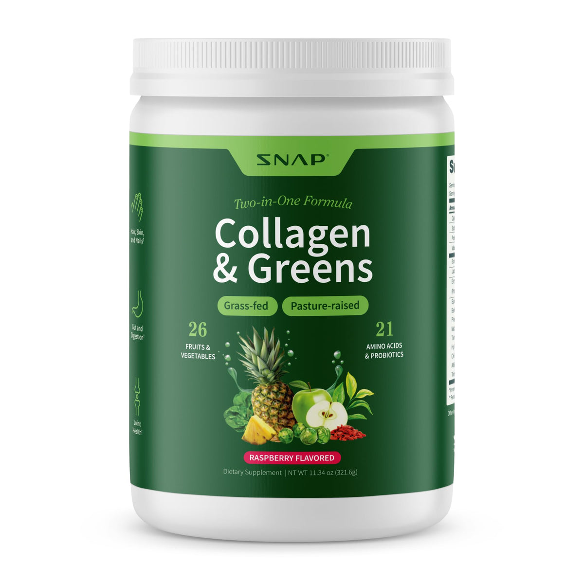Botella de Snap Supplements Super Greens lista para uso diario y energía sostenida.